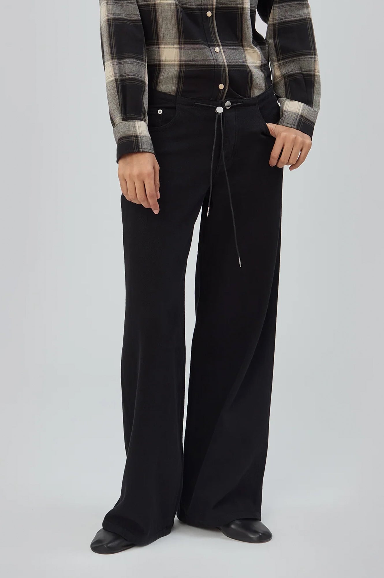 Still Here cool jeans true black toggle drawstring no waistband wide leg | Pipe and Row