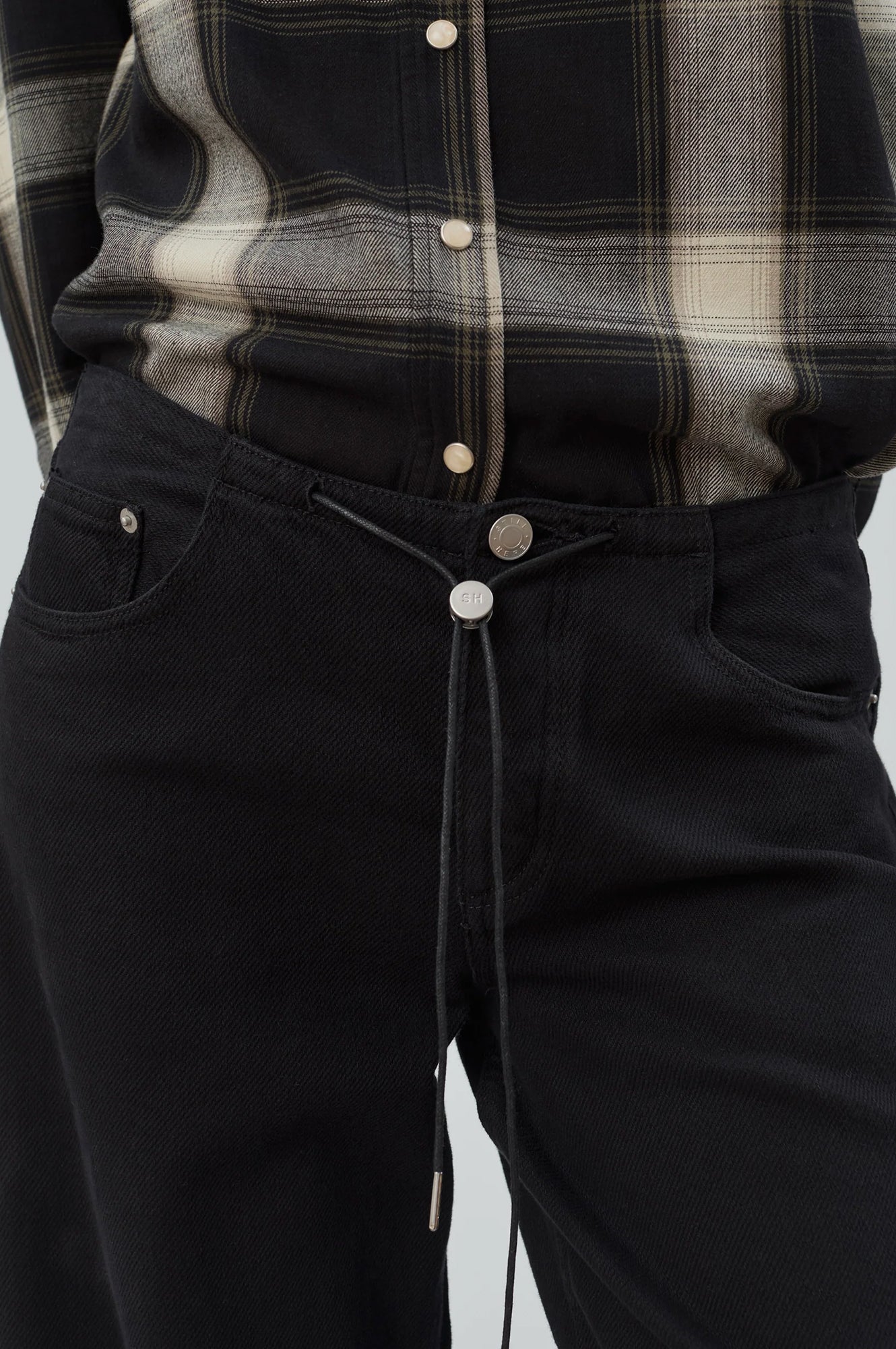 Still Here cool jeans true black toggle drawstring no waistband wide leg | Pipe and Row Seattle