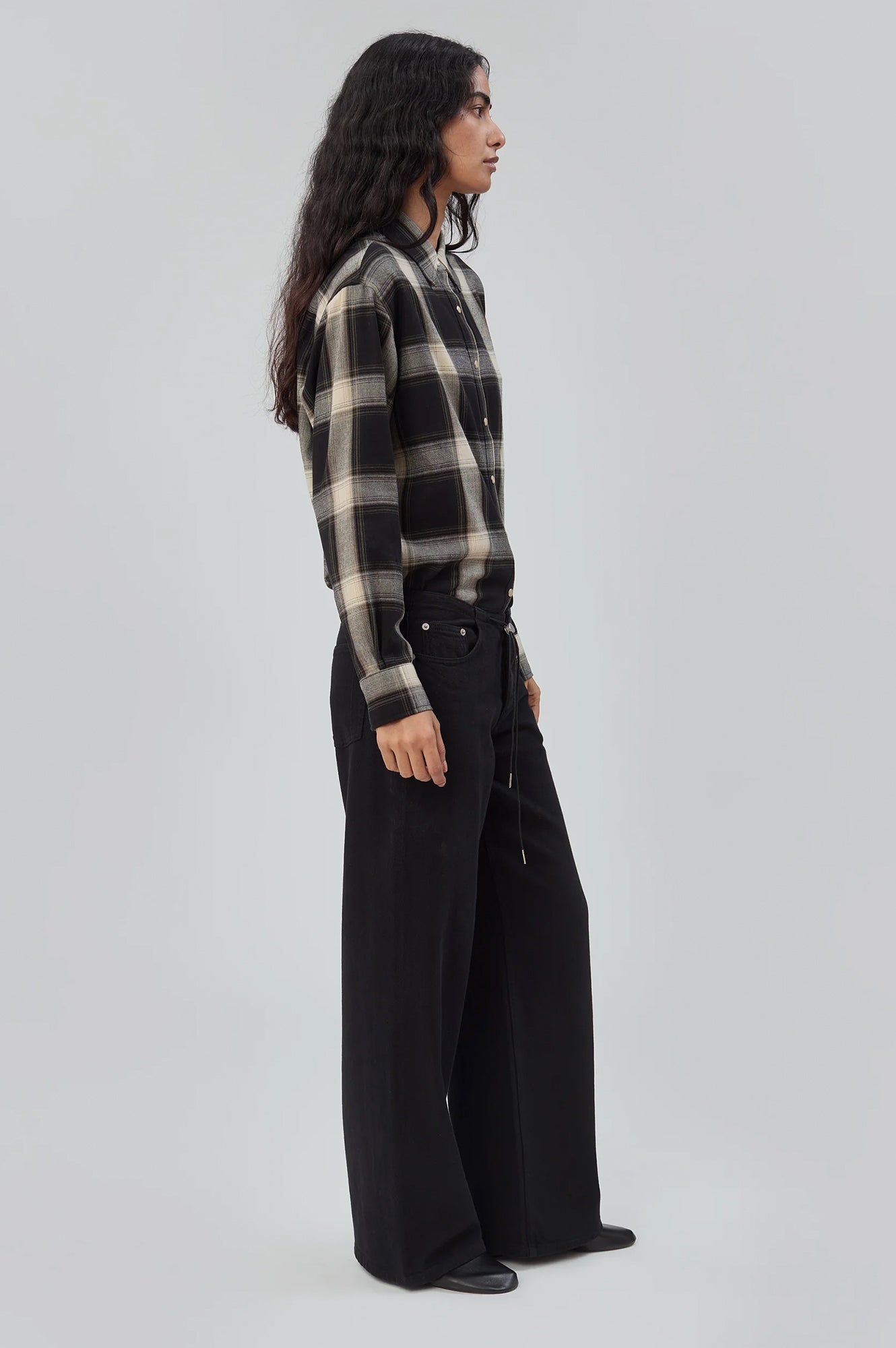 Still Here cool jeans true black toggle drawstring no waistband wide leg denim | Pipe and Row Seattle