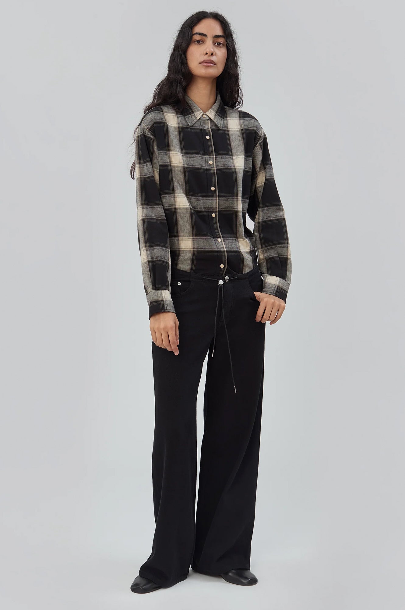 Still Here cool jeans true black toggle drawstring no waistband wide leg | Pipe and Row Seattle