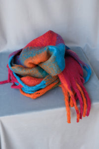 Super soft chunky multi colored toned plaid tasseled scarf colorful teal, red, and orange PIPE AND ROW