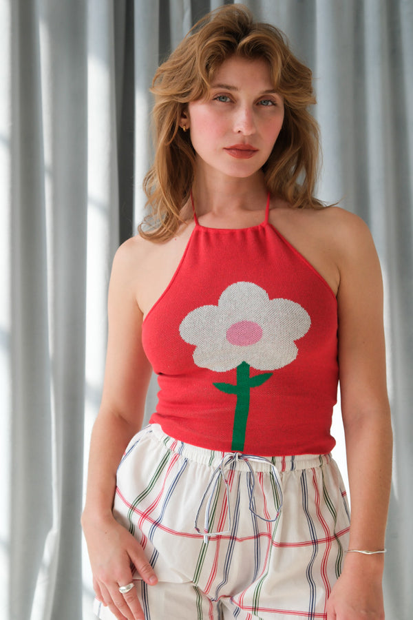 Tyler McGillivary knit super soft Dori flower halter top red PIPE