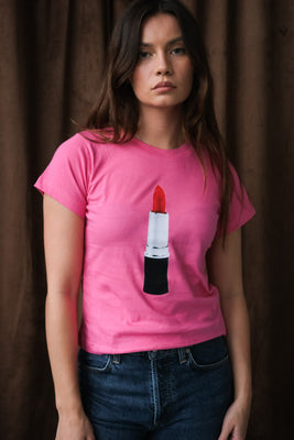 Tyler McGillivary pink Stella tee red lipstick graphic PIPE AND ROW