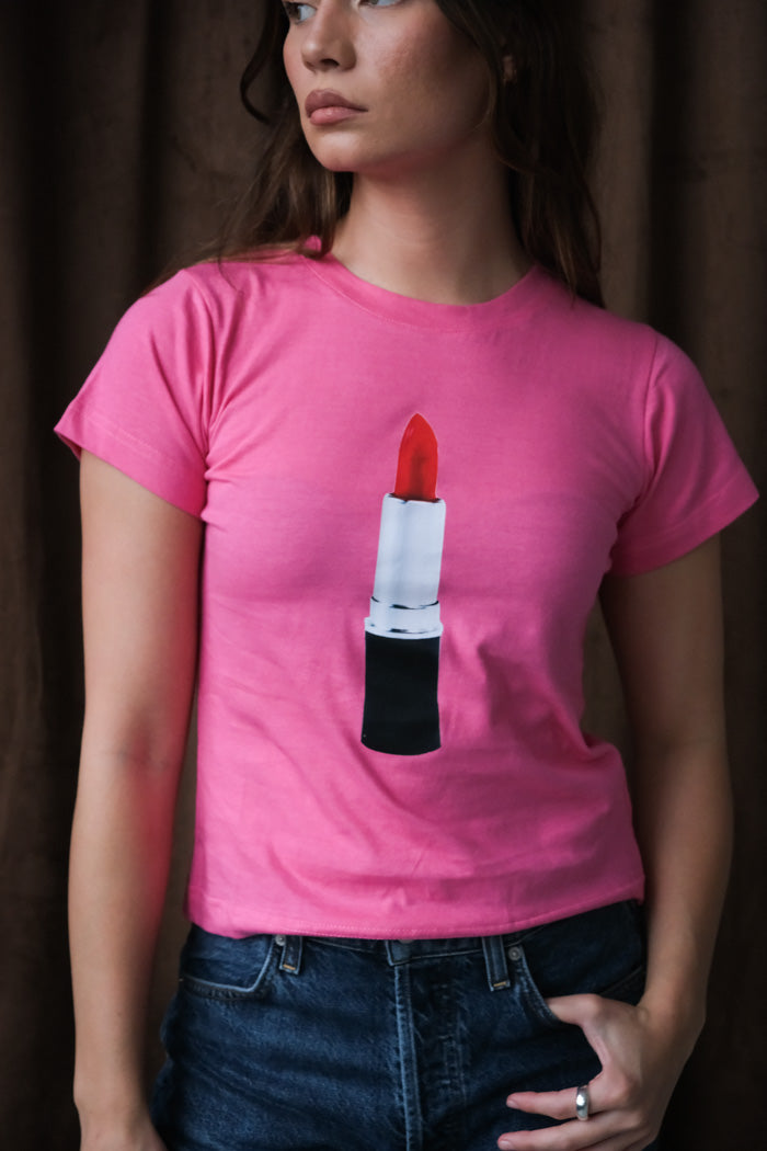 Tyler McGillivary pink Stella tee red lipstick graphic PIPE AND ROW