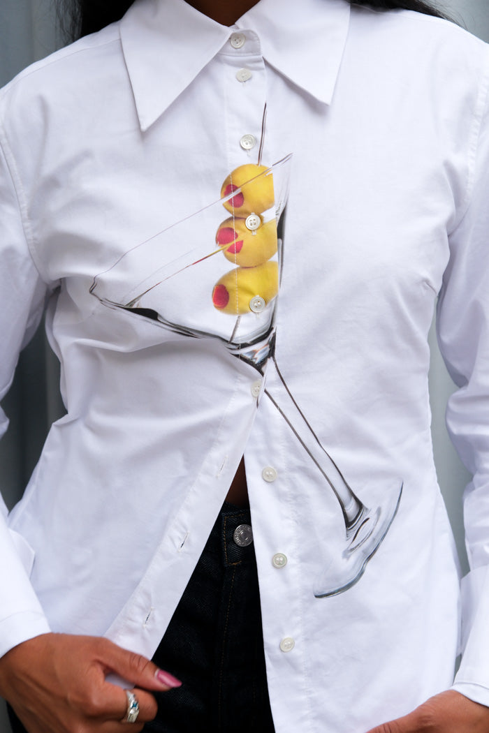 Tyler McGillivary white button down shirt martini printed graphic | Pipe and Row