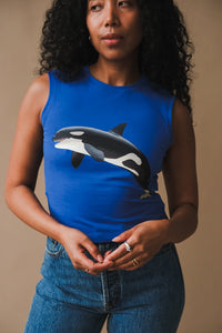 Tyler Mcgillivary royal blue Dover tank top Orca whale graphic | PIPE AND ROW
