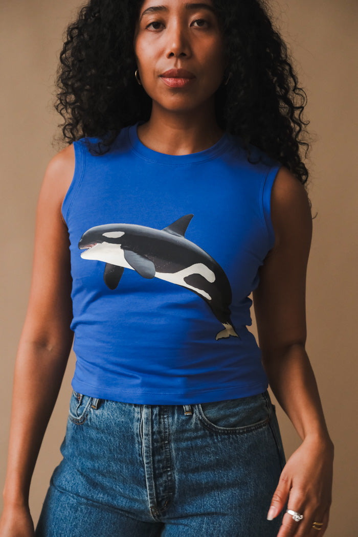 Tyler Mcgillivary royal blue Dover tank top Orca whale graphic | PIPE AND ROW