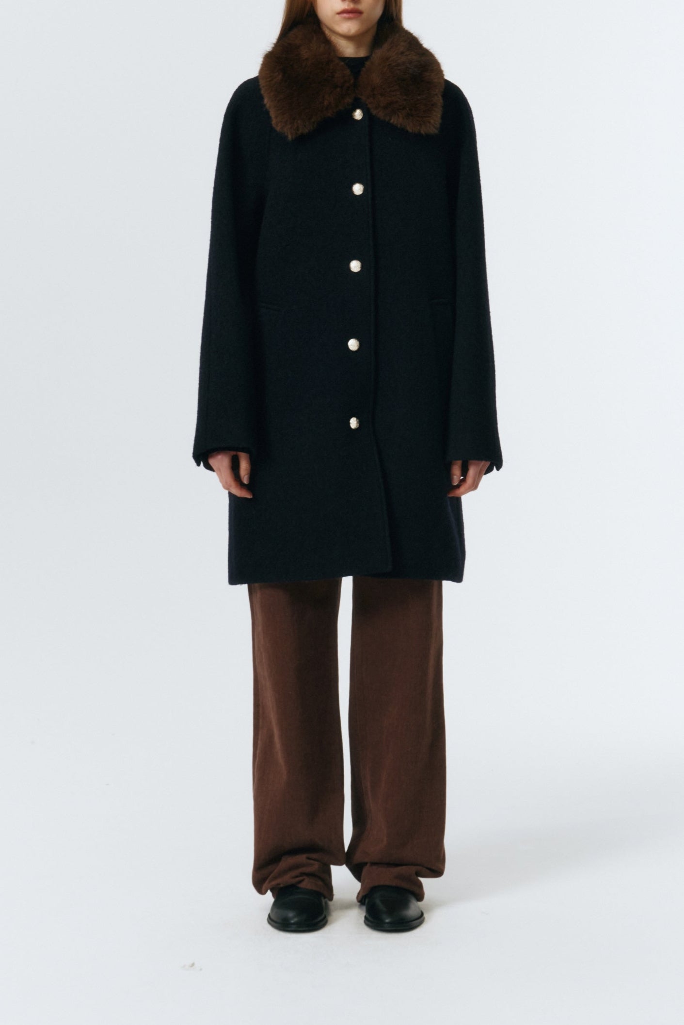 Dunst boucle wool half coat removable faux fur collar | Pipe and Row