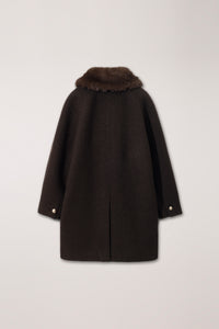 Dunst brown boucle wool half coat removable faux fur collar | Pipe and Row