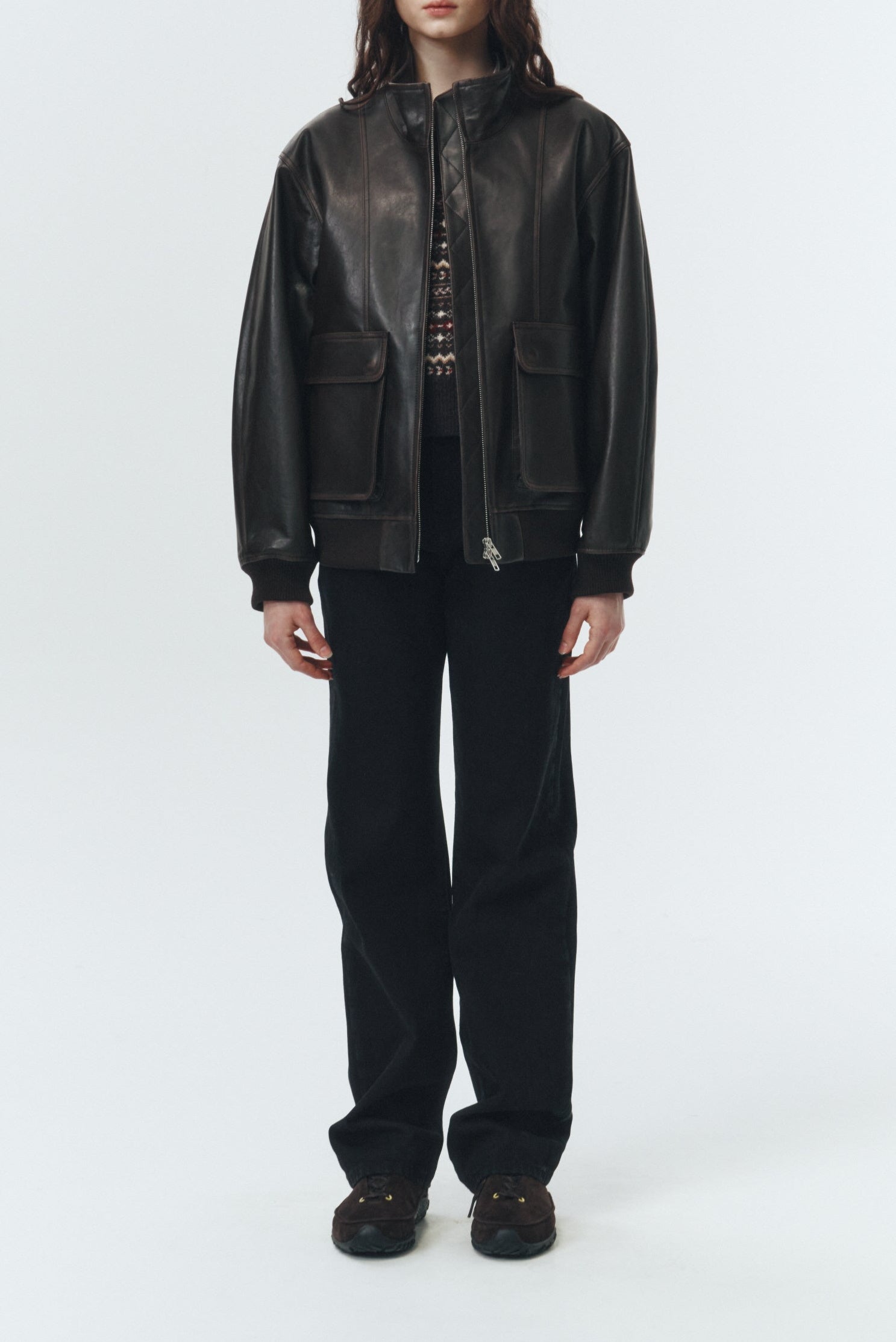 UNISEX STAND COLLARED LEATHER BLOUSON