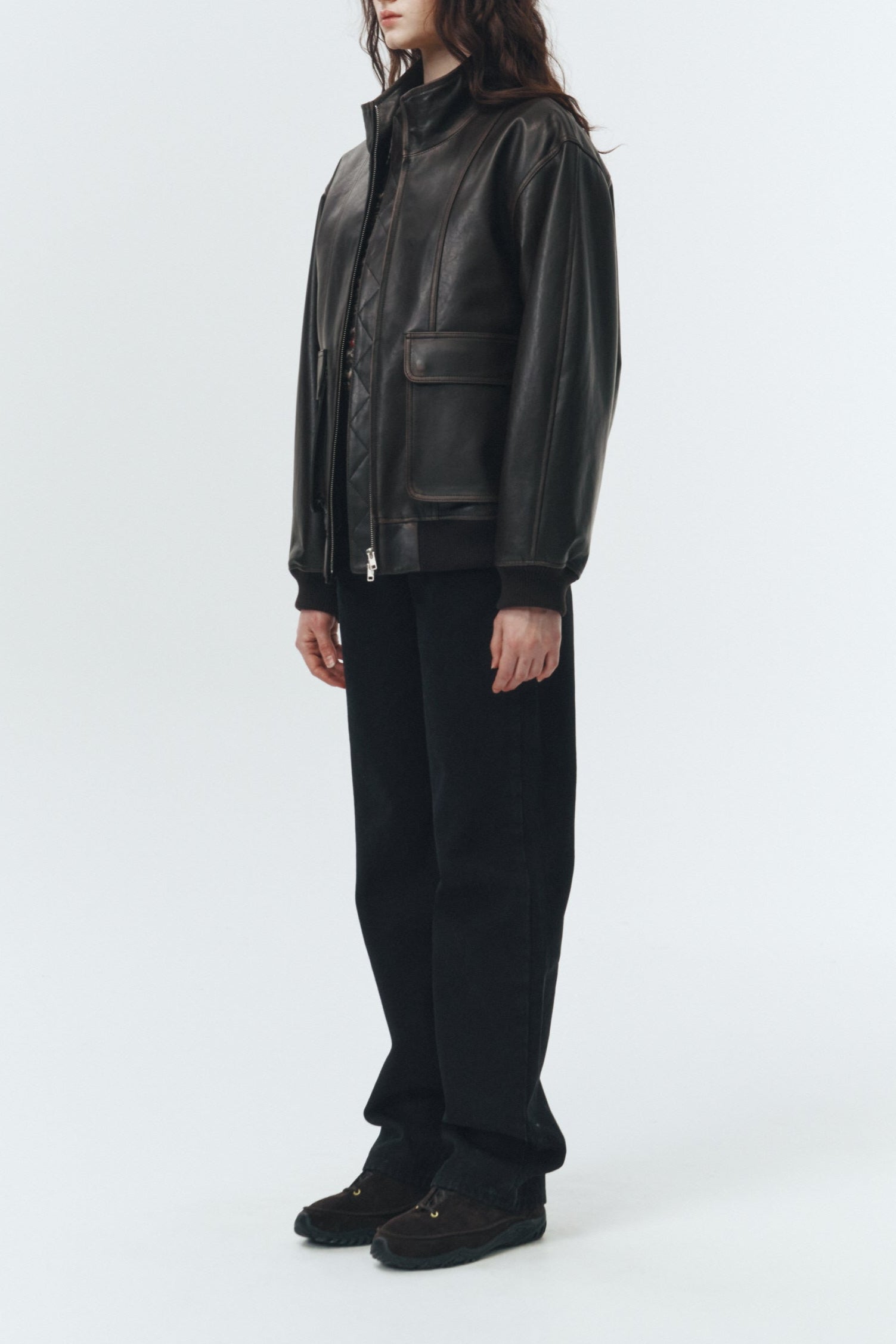 UNISEX STAND COLLARED LEATHER BLOUSON
