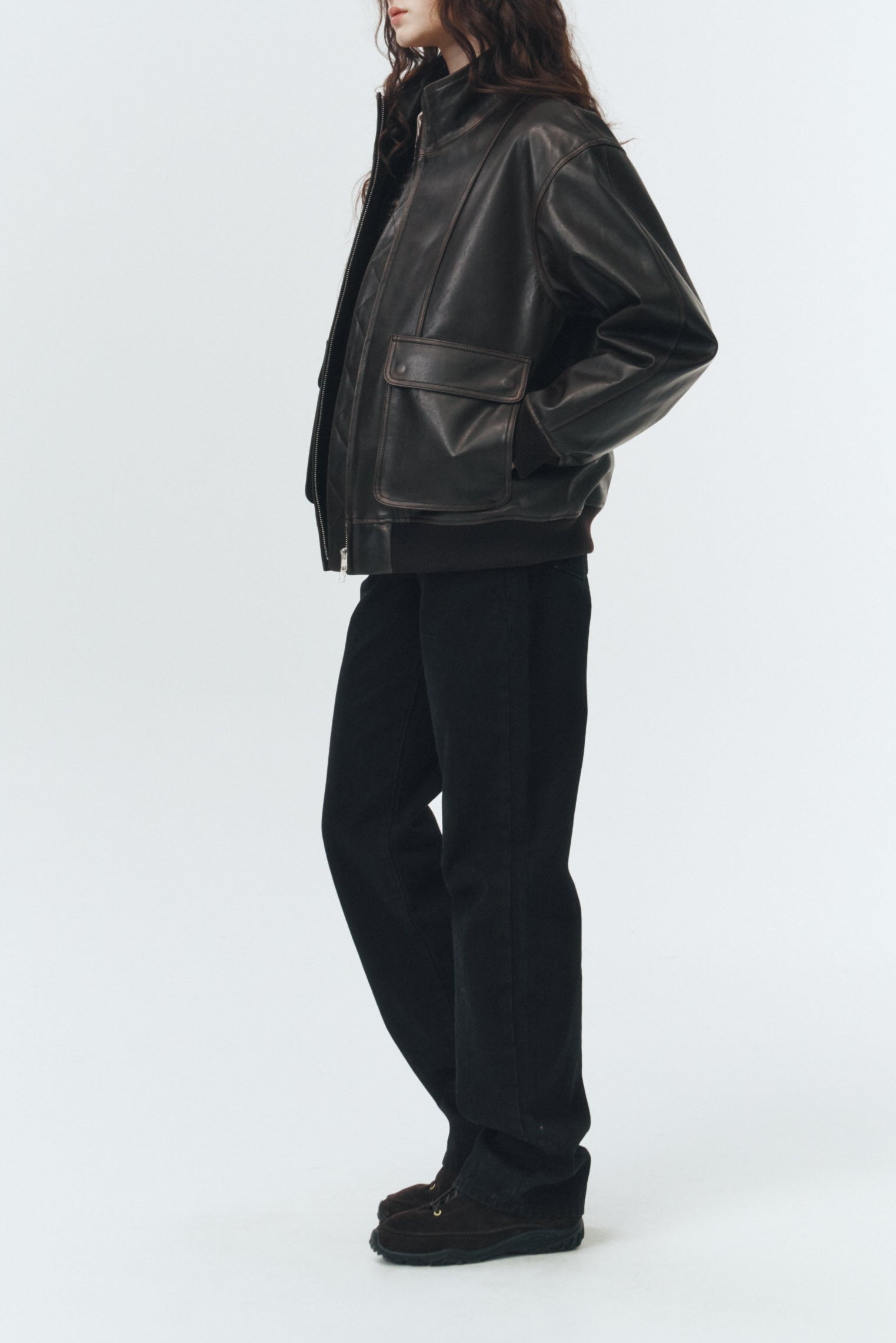UNISEX STAND COLLARED LEATHER BLOUSON
