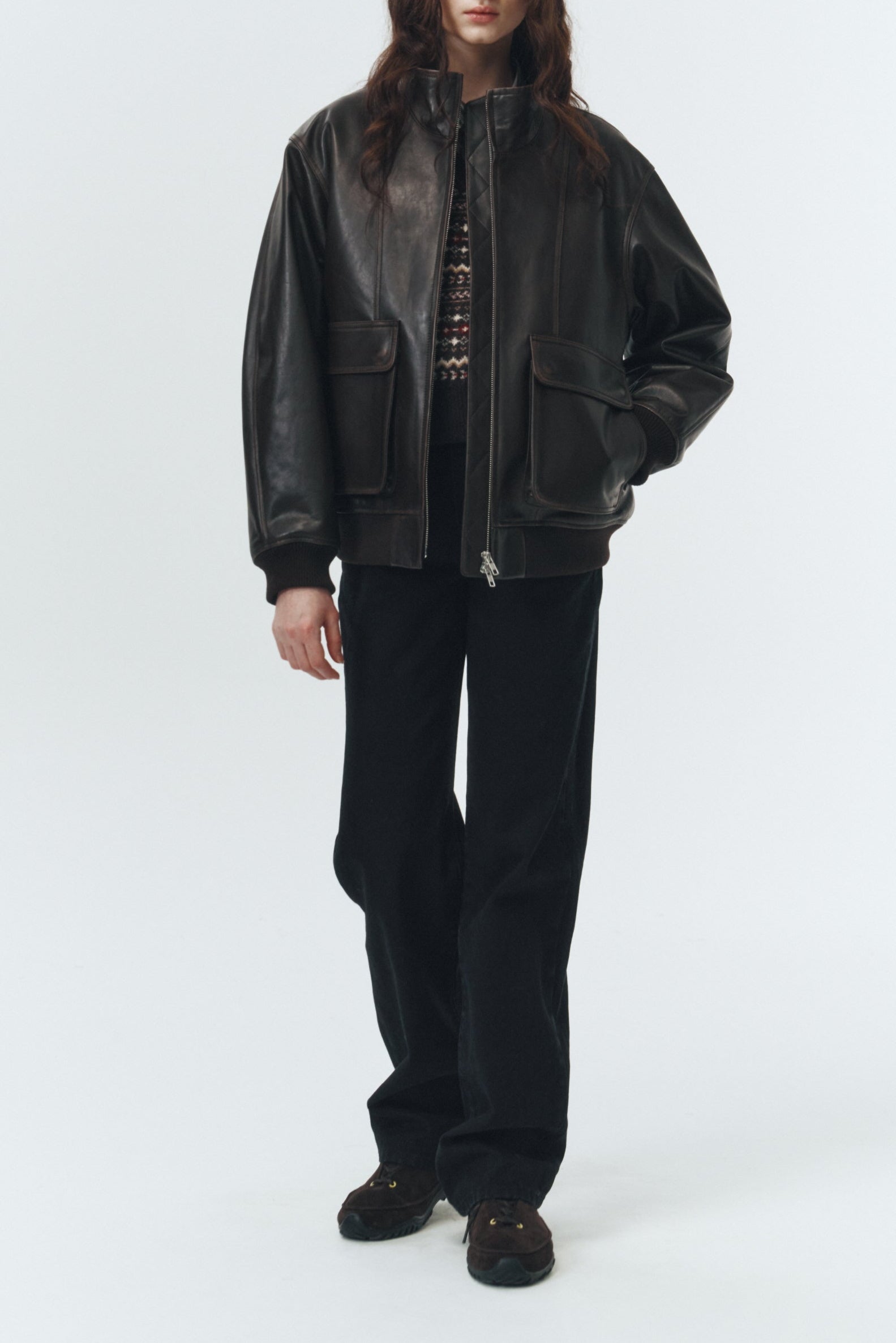 UNISEX STAND COLLARED LEATHER BLOUSON