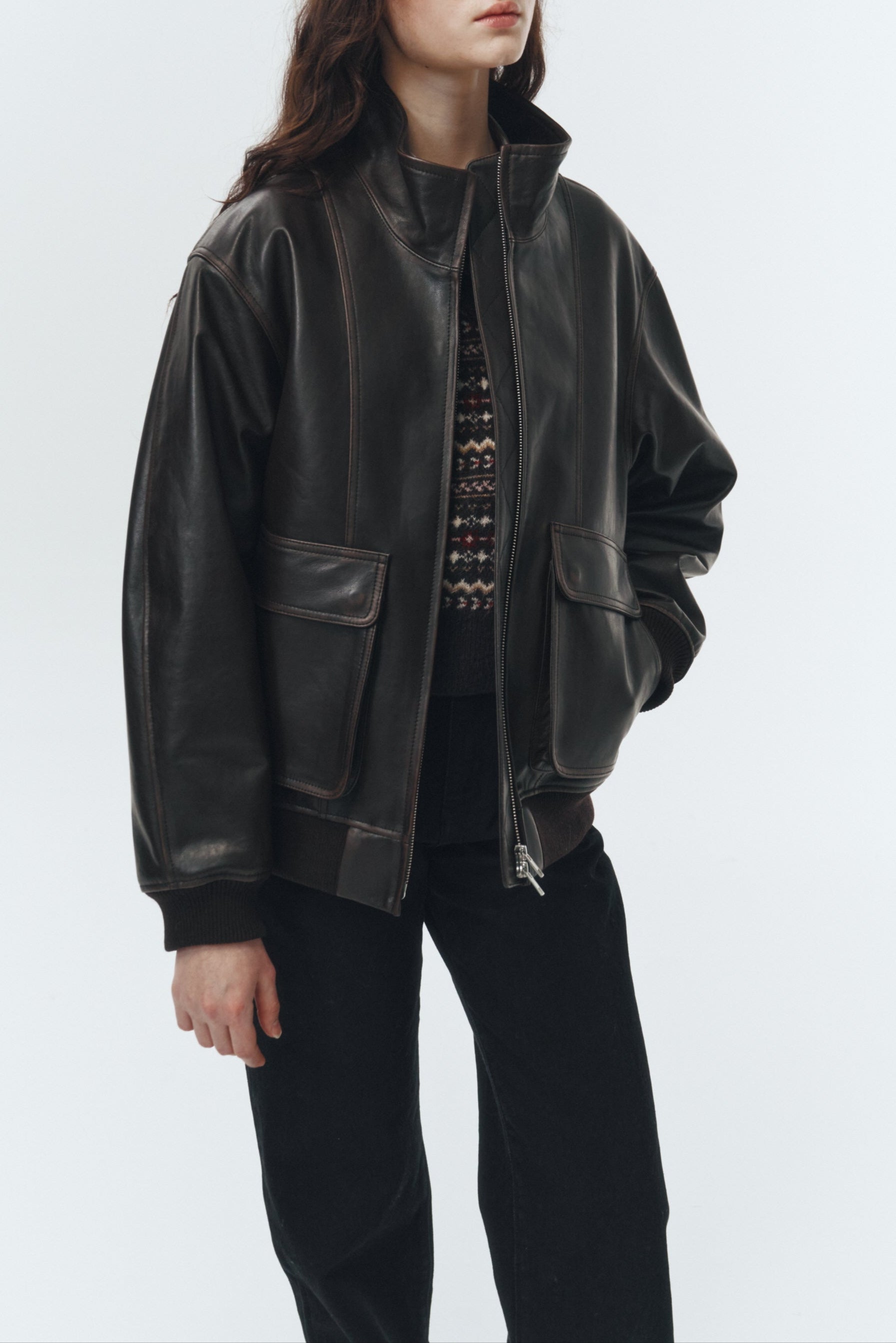 UNISEX STAND COLLARED LEATHER BLOUSON