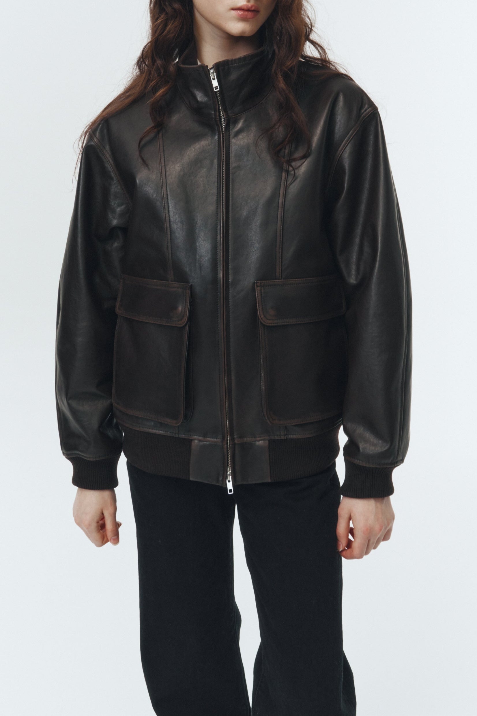 UNISEX STAND COLLARED LEATHER BLOUSON