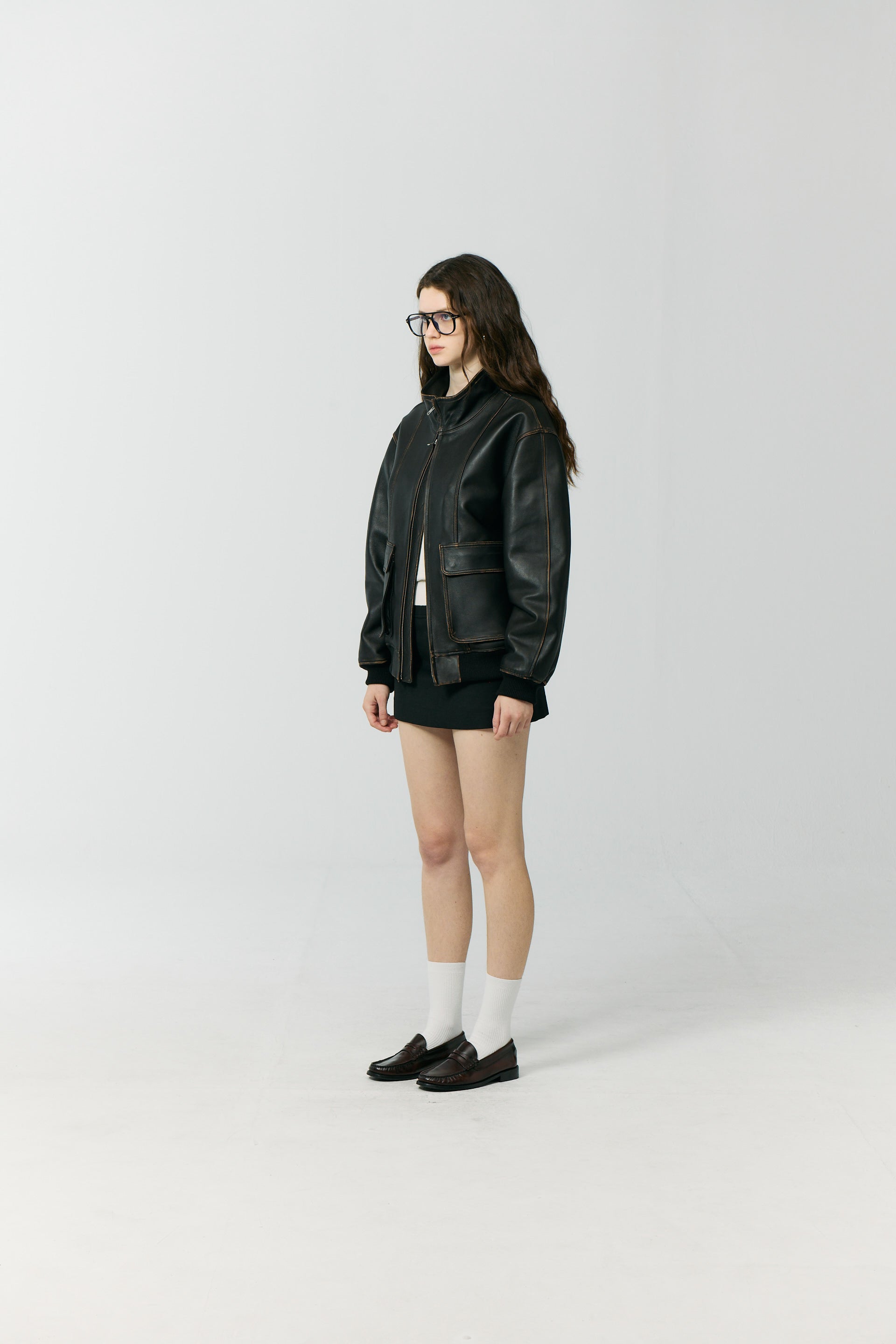 UNISEX STAND COLLARED LEATHER BLOUSON