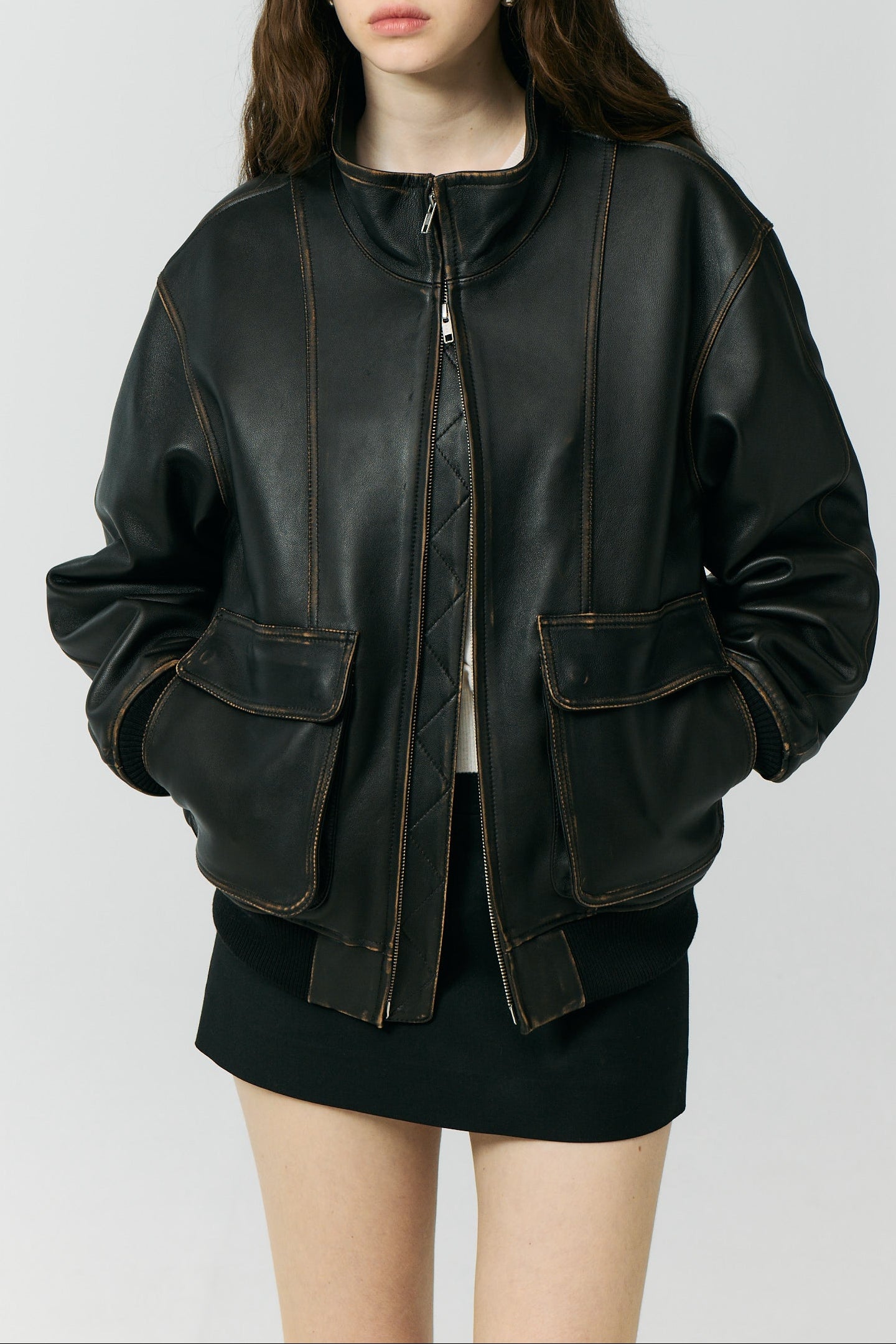 UNISEX STAND COLLARED LEATHER BLOUSON