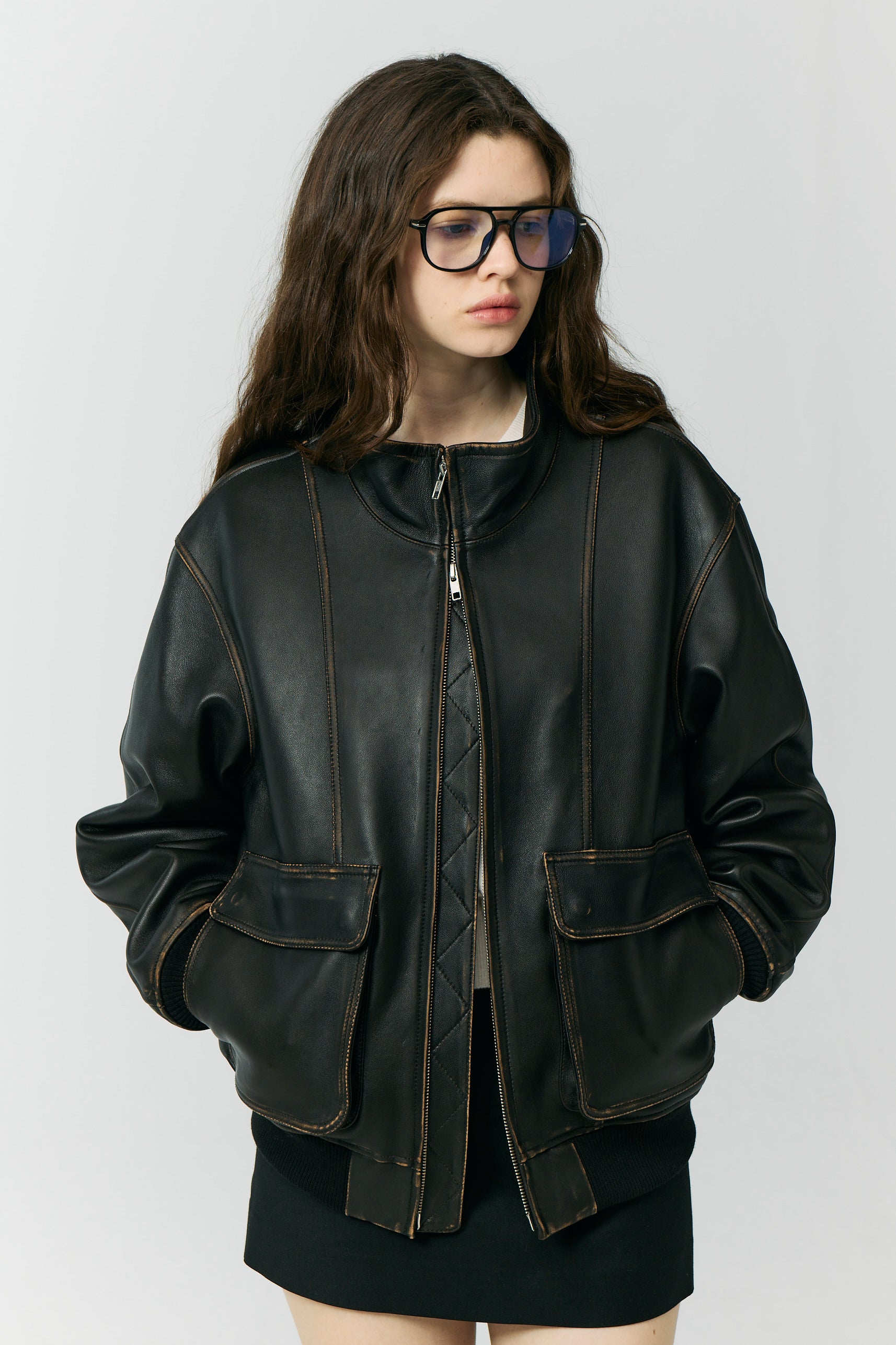 UNISEX STAND COLLARED LEATHER BLOUSON