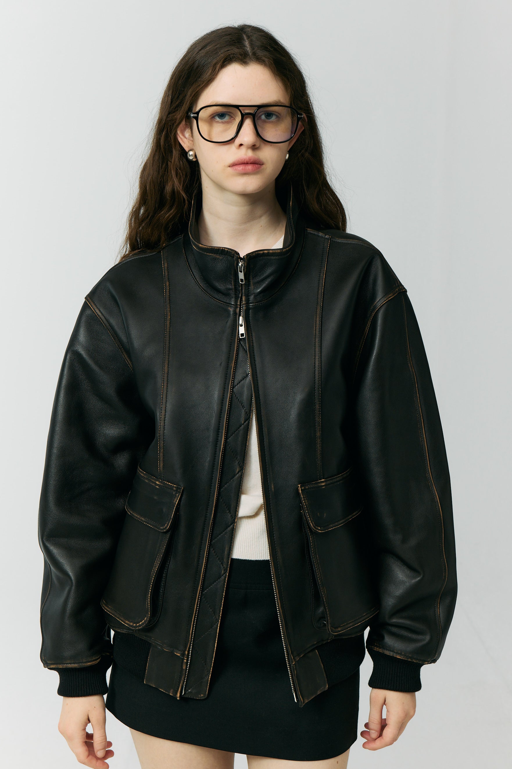 UNISEX STAND COLLARED LEATHER BLOUSON