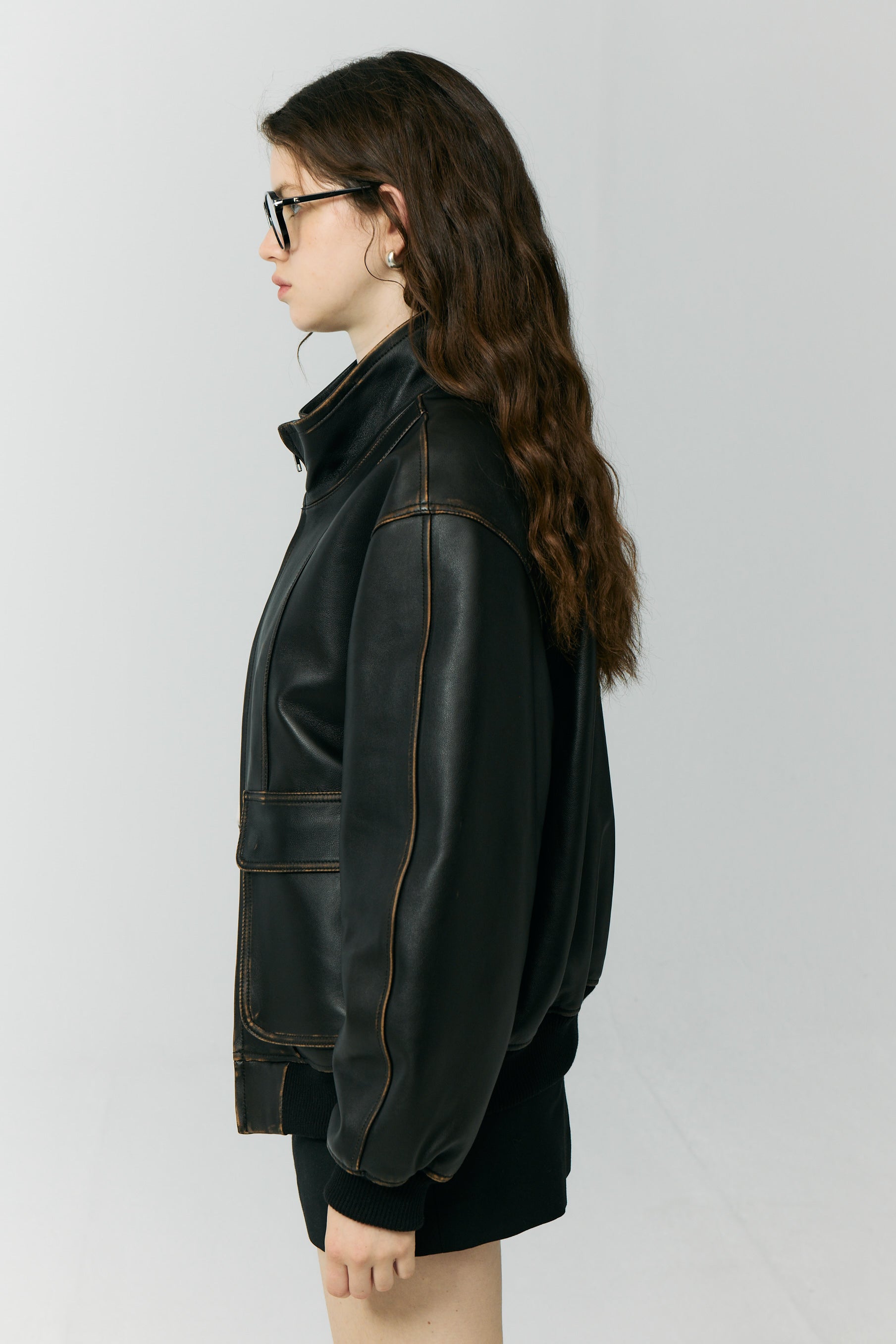 UNISEX STAND COLLARED LEATHER BLOUSON