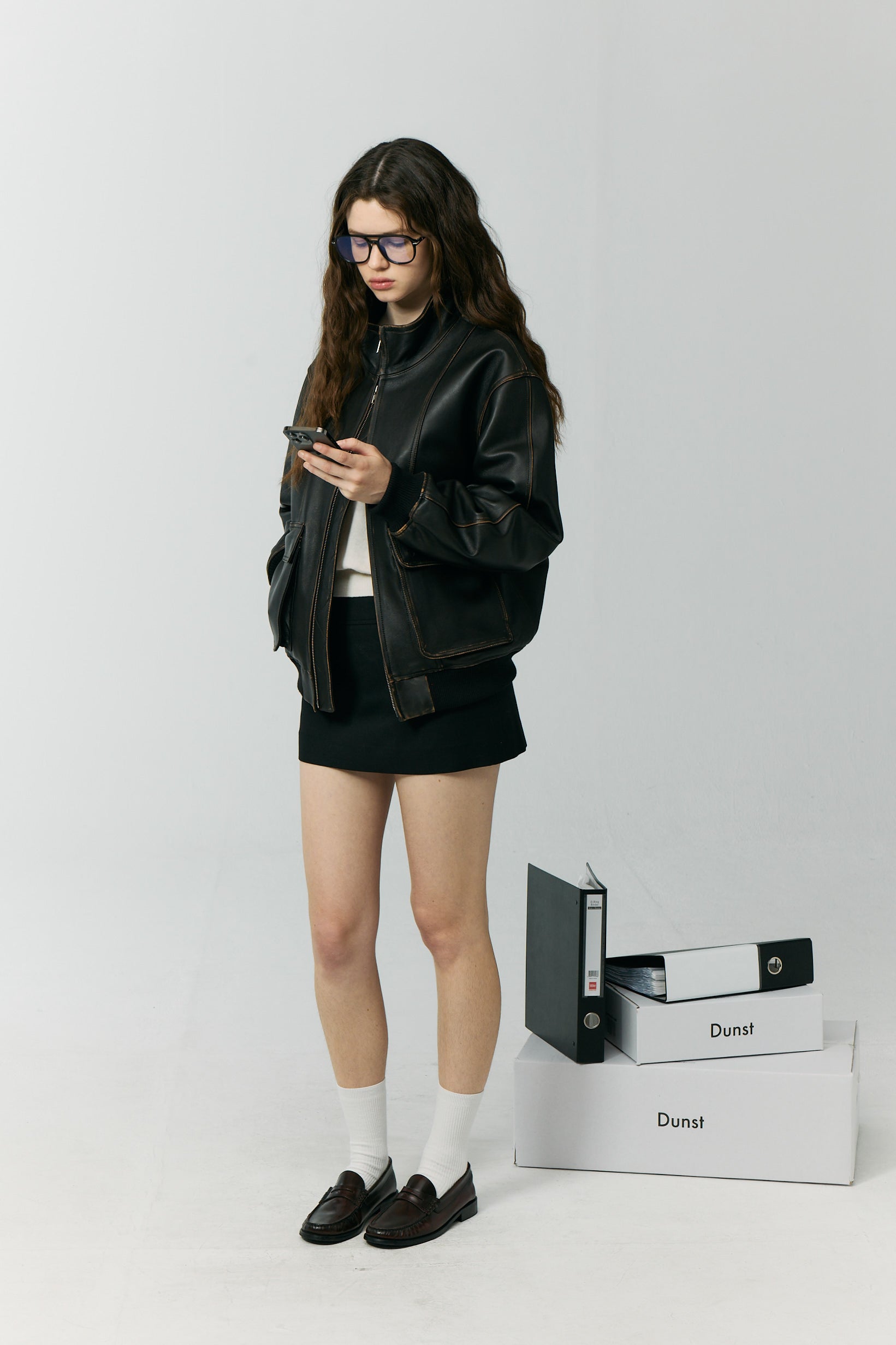 UNISEX STAND COLLARED LEATHER BLOUSON