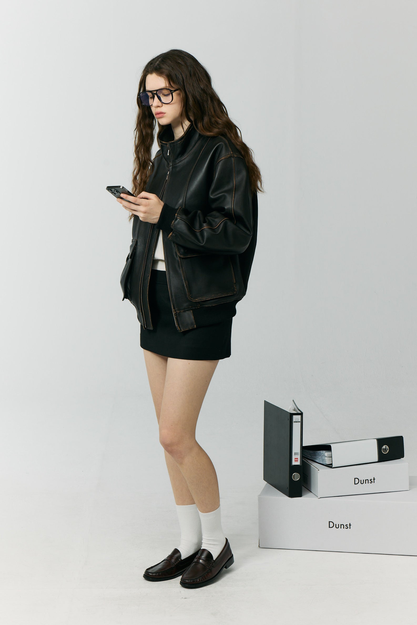 UNISEX STAND COLLARED LEATHER BLOUSON