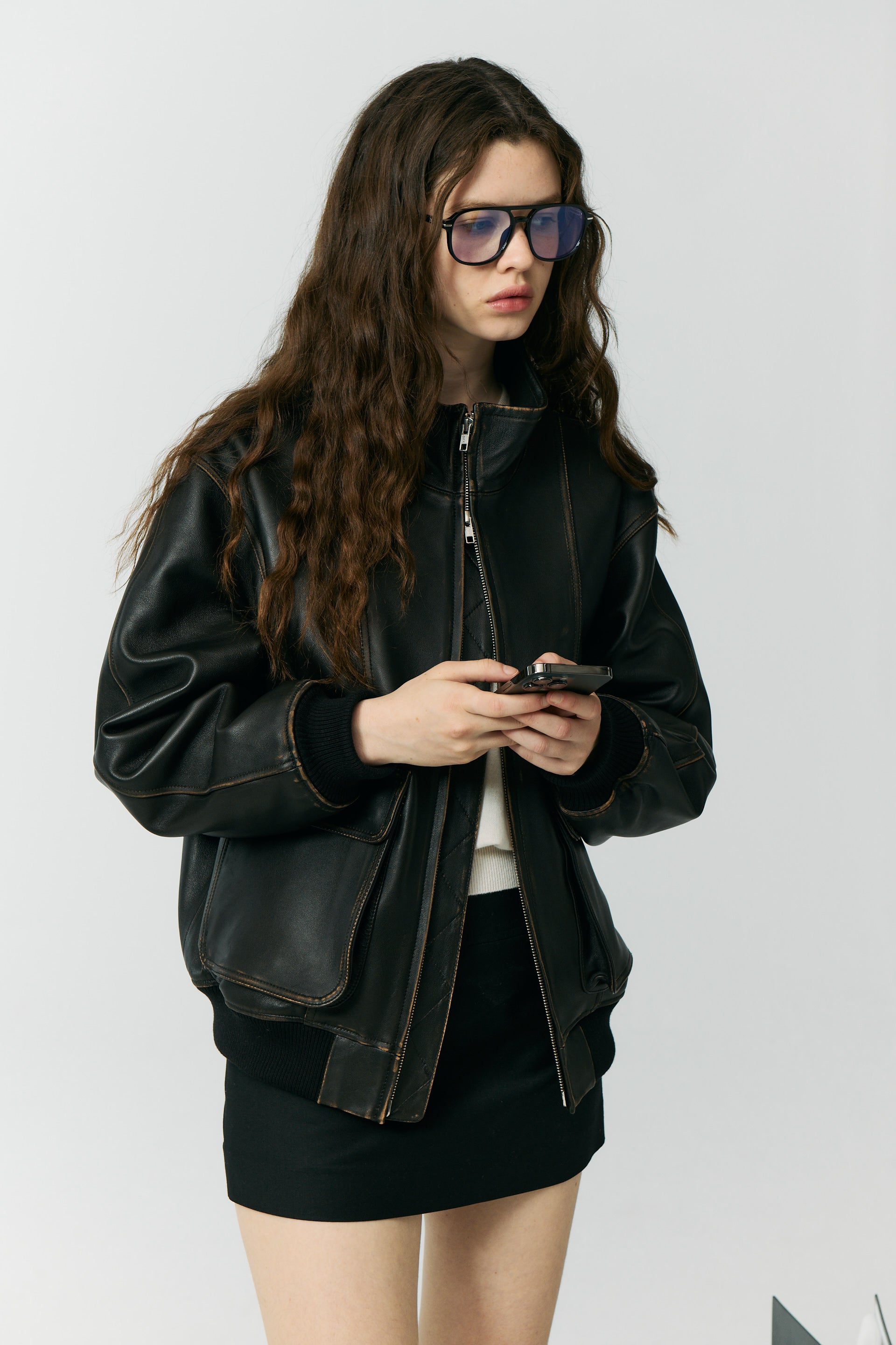 UNISEX STAND COLLARED LEATHER BLOUSON