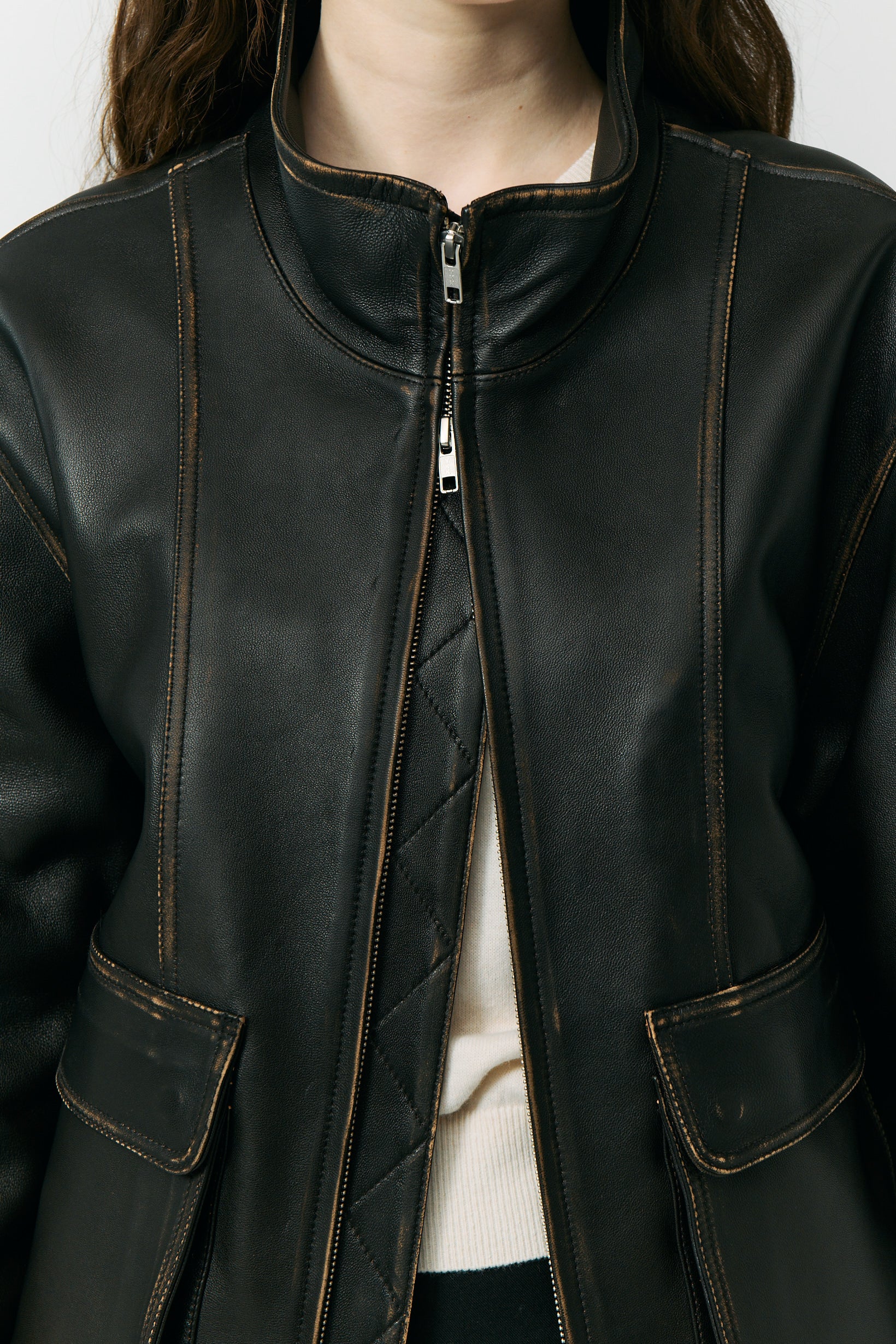 UNISEX STAND COLLARED LEATHER BLOUSON