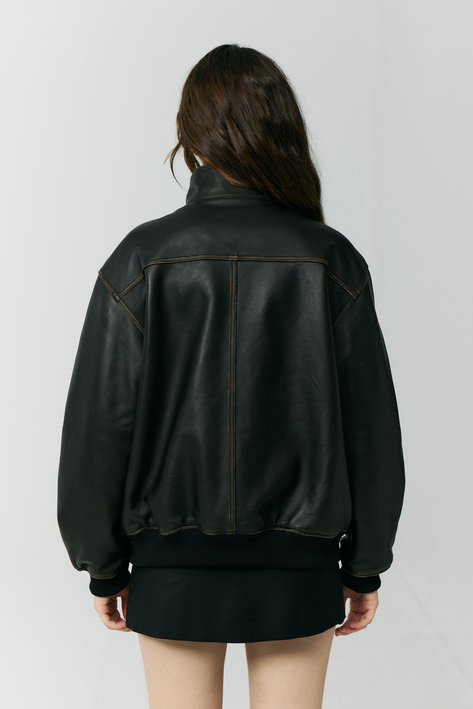 UNISEX STAND COLLARED LEATHER BLOUSON