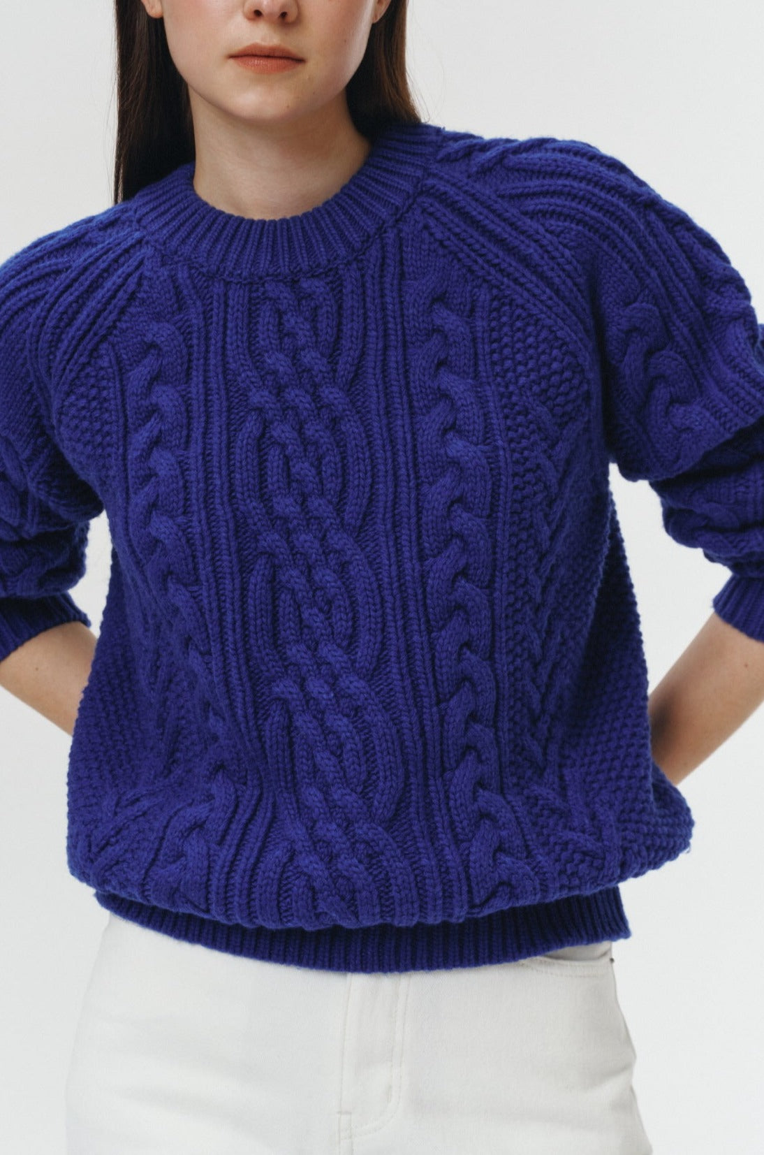 Dunst unisex thick cable knit pattern crewneck saturated royal blue | Pipe and Row