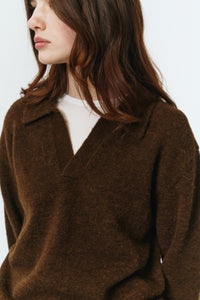 Dunst lightweight brushed alpaca wool unisex open collared v-neck knit sweater dark brown | Pipe and Row