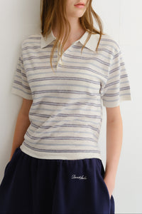 Dunst unisex striped knit linen polo shirt white soft blue | Pipe and Row