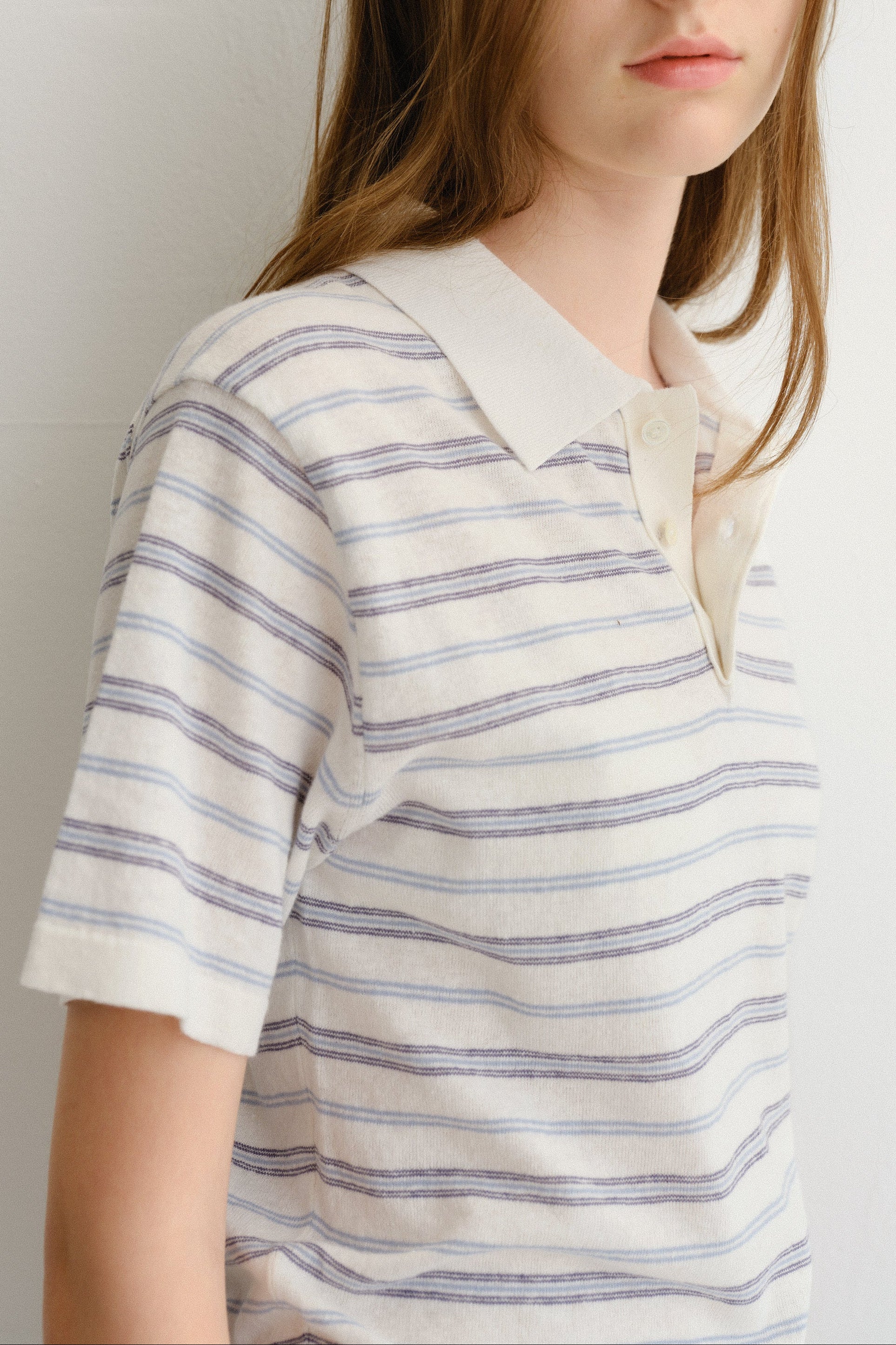 Dunst unisex striped knit linen polo shirt white soft blue | Pipe and Row