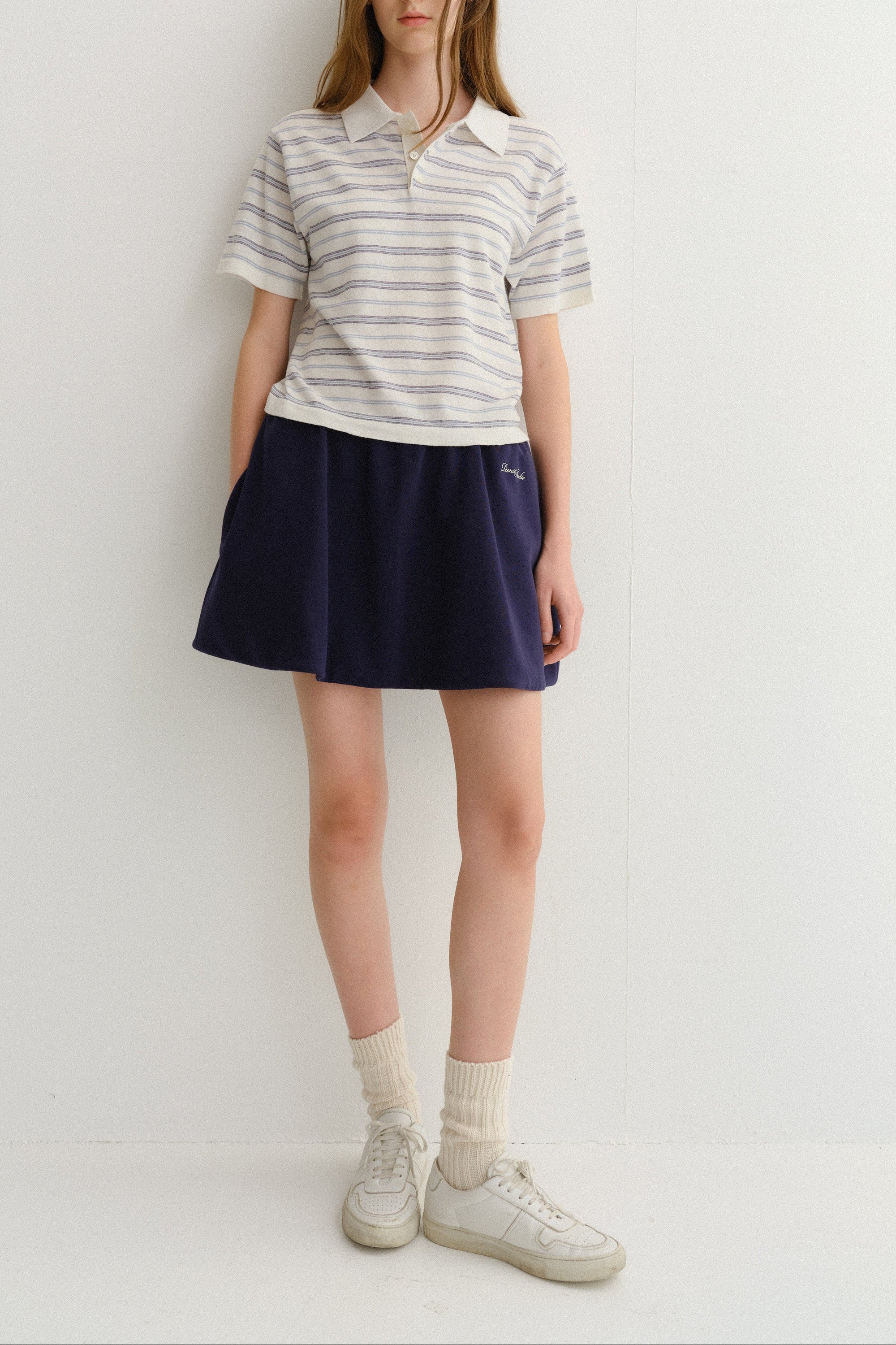 Dunst unisex striped knit linen polo shirt white soft blue | Pipe and Row