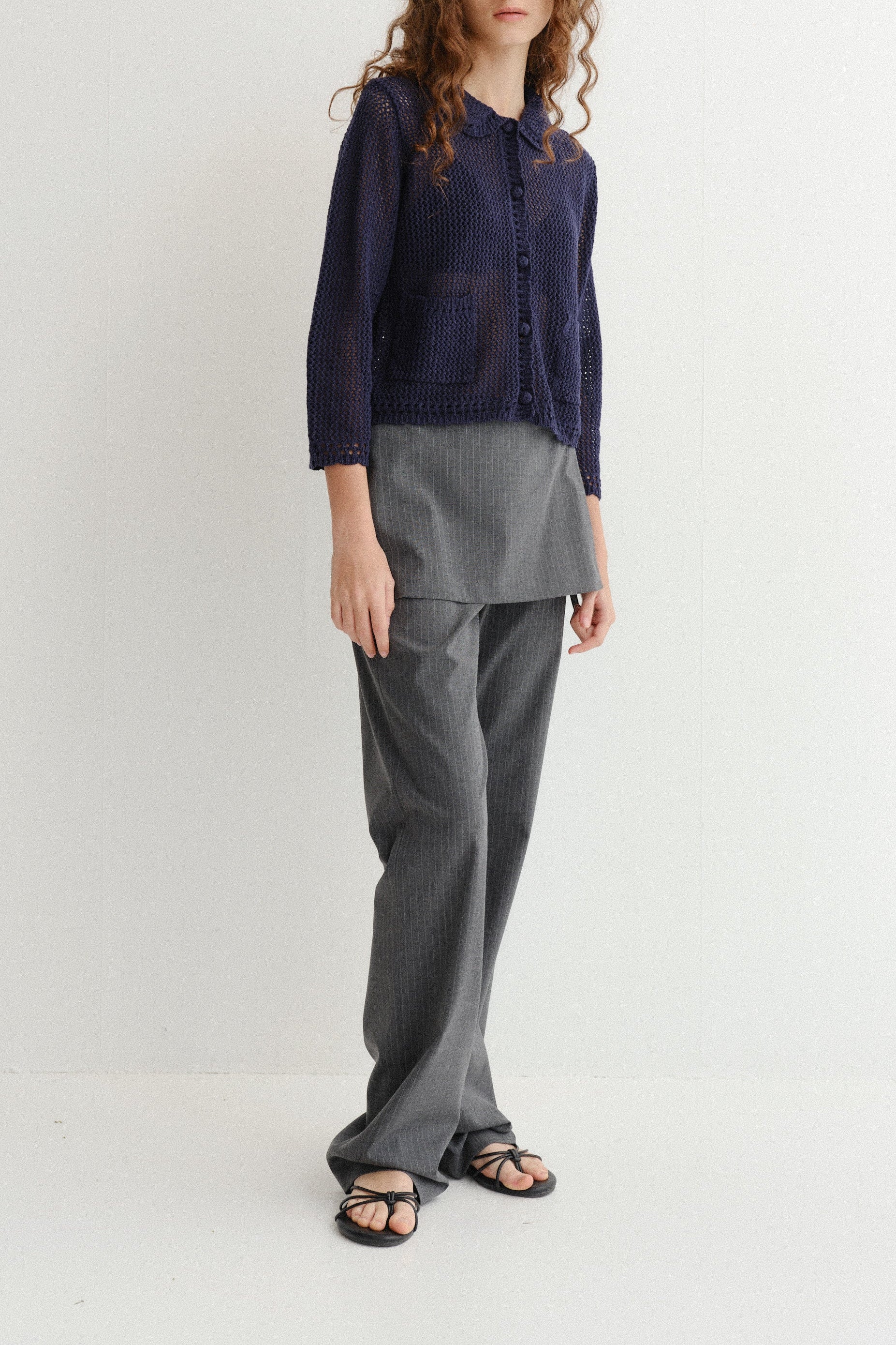 COLLARED CROCHET KNIT CARDIGAN