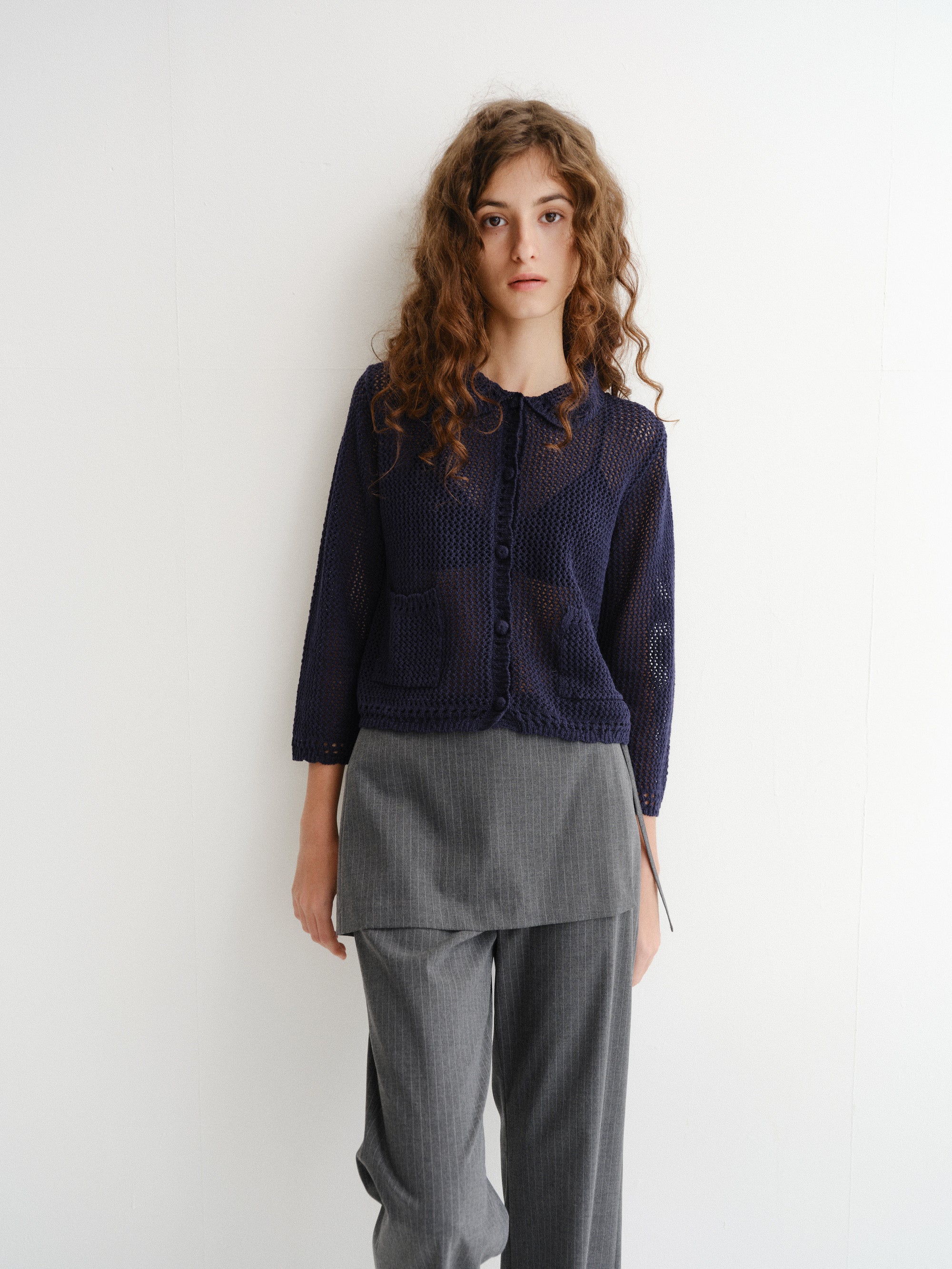 COLLARED CROCHET KNIT CARDIGAN