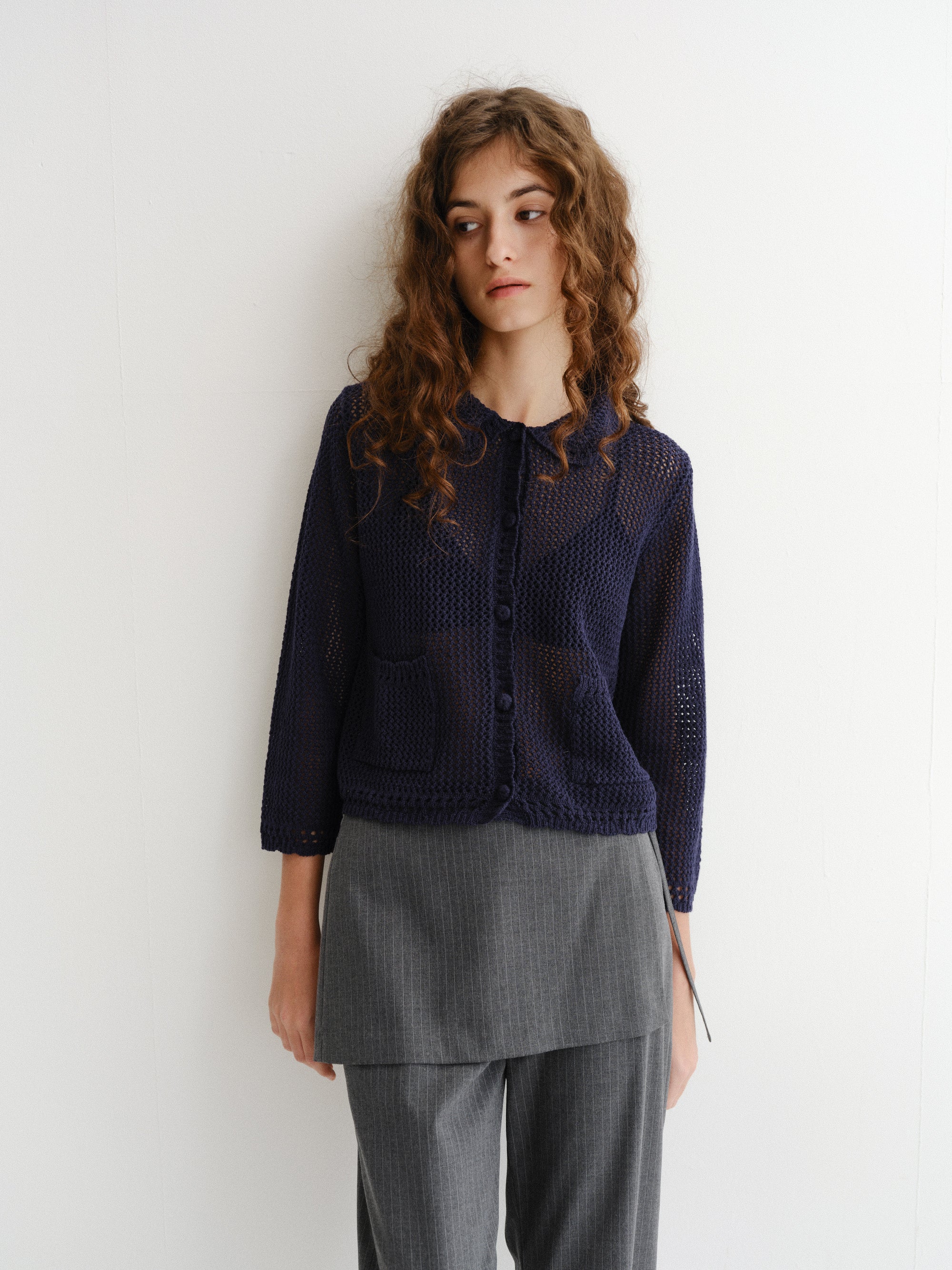COLLARED CROCHET KNIT CARDIGAN