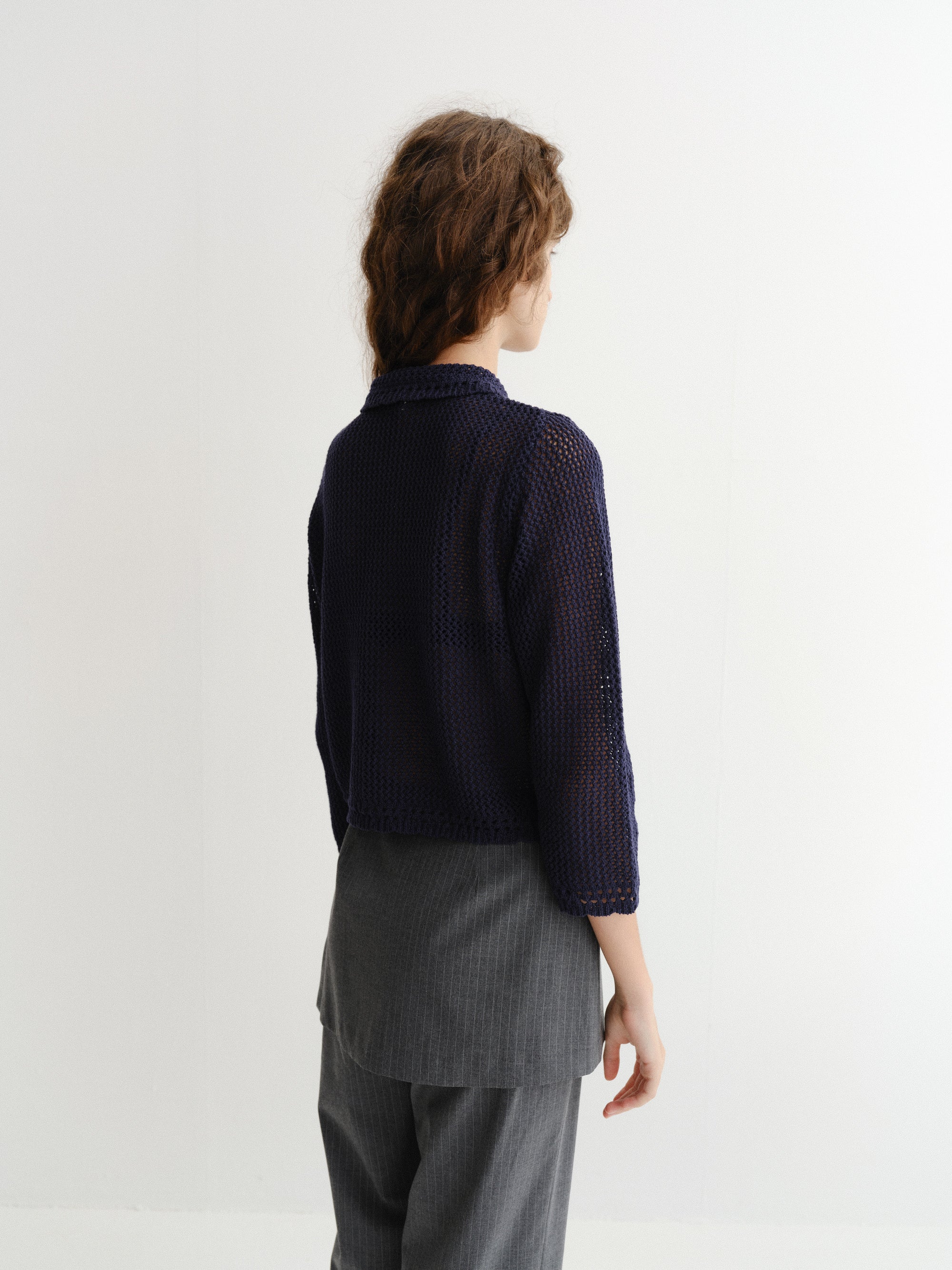 COLLARED CROCHET KNIT CARDIGAN