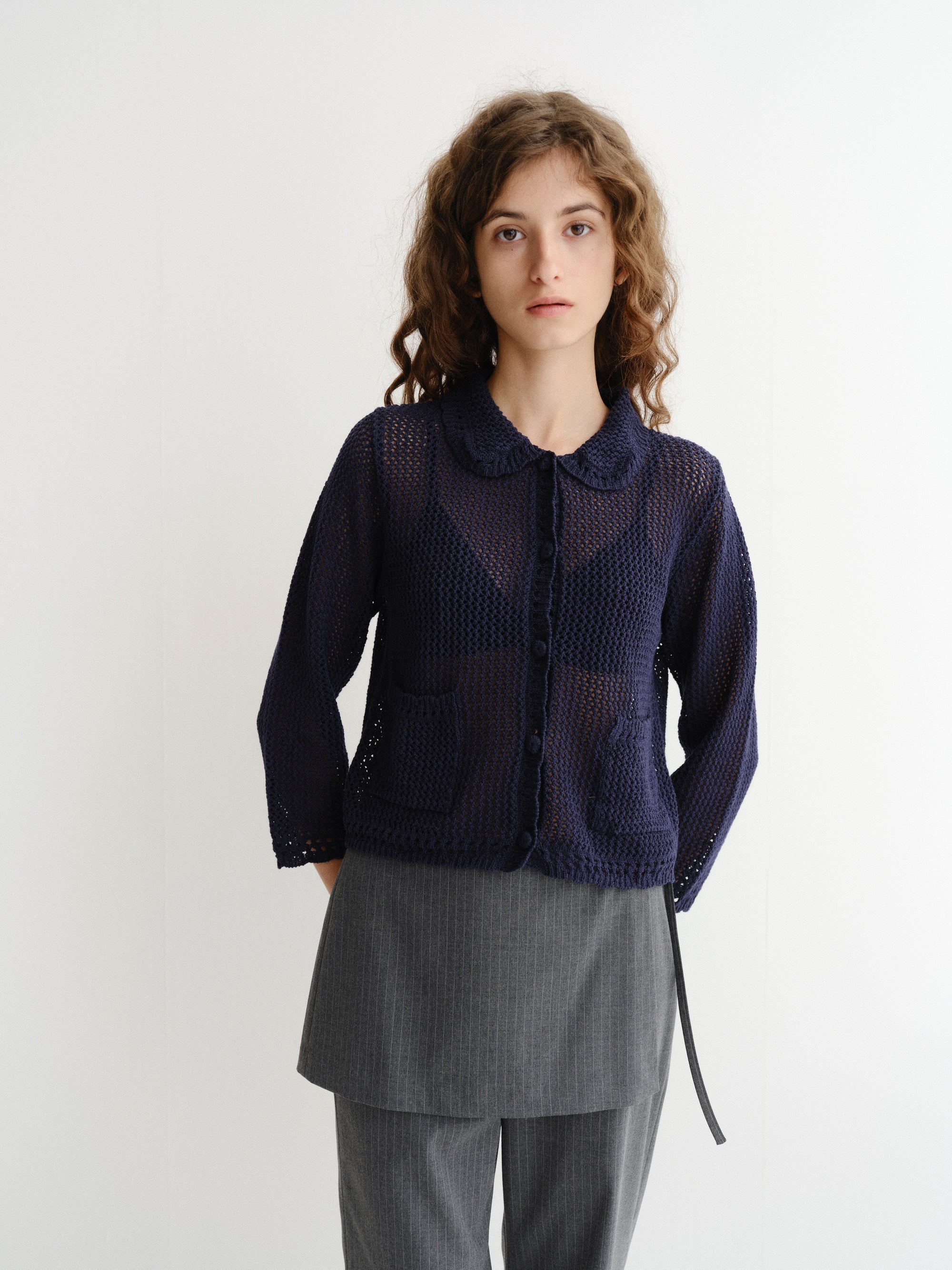 COLLARED CROCHET KNIT CARDIGAN