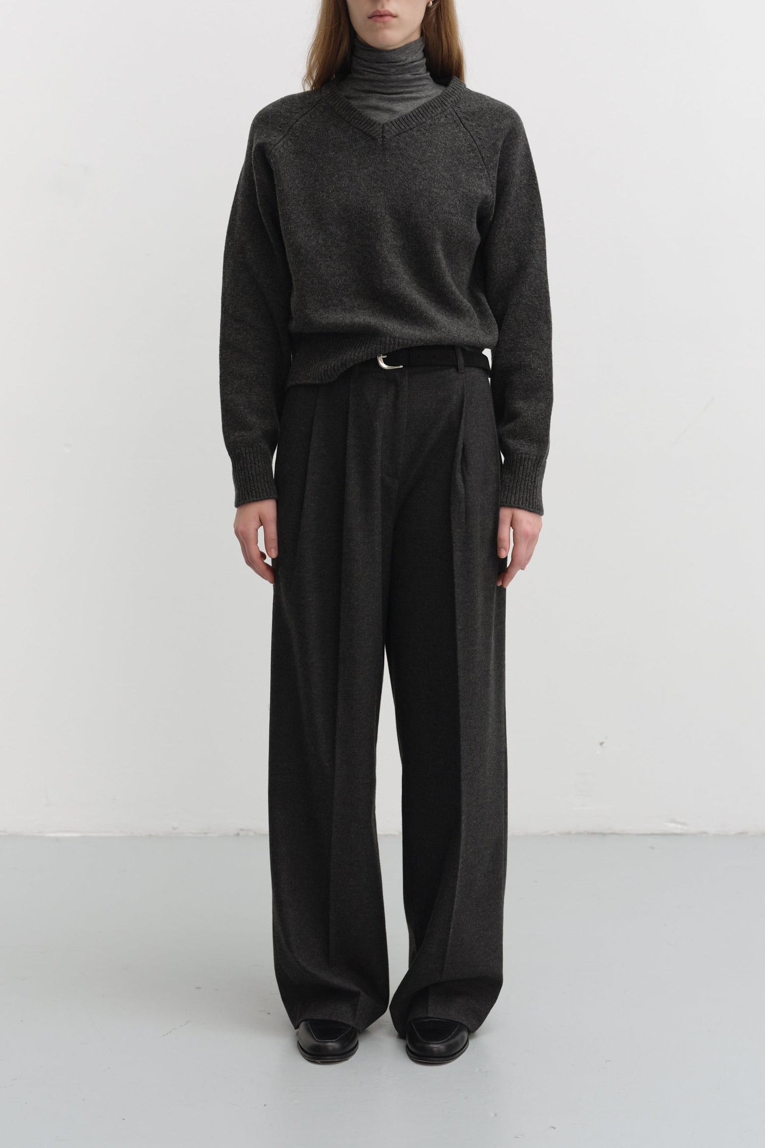 Dunst unisex soft volume v-neck sweater charcoal grey wool PIPE AND ROW