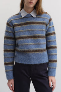 Dunst striped textured hairy crewneck sweater soft blue dark brown | Pipe and Row