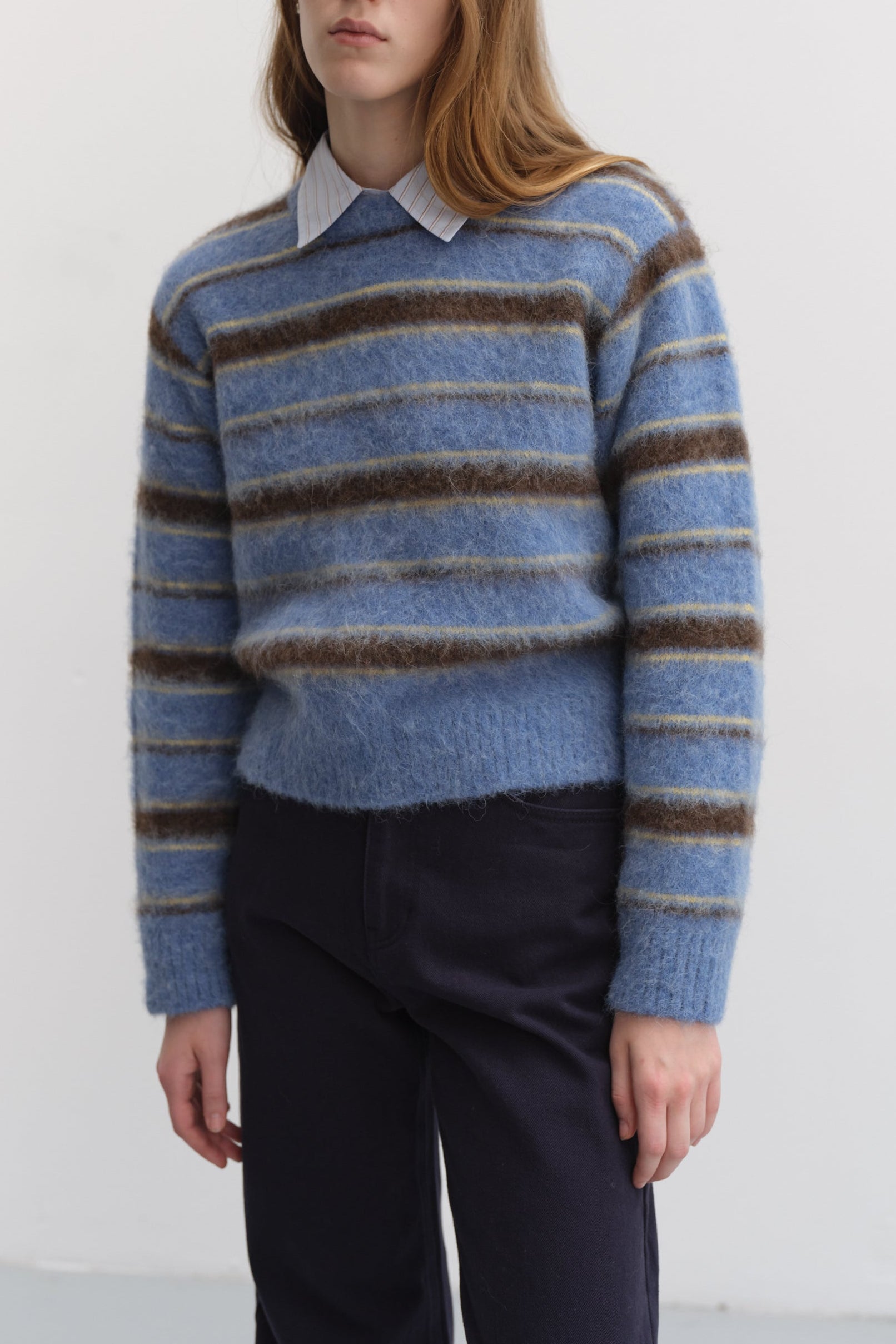 Dunst striped textured hairy crewneck sweater soft blue dark brown | Pipe and Row Seattle