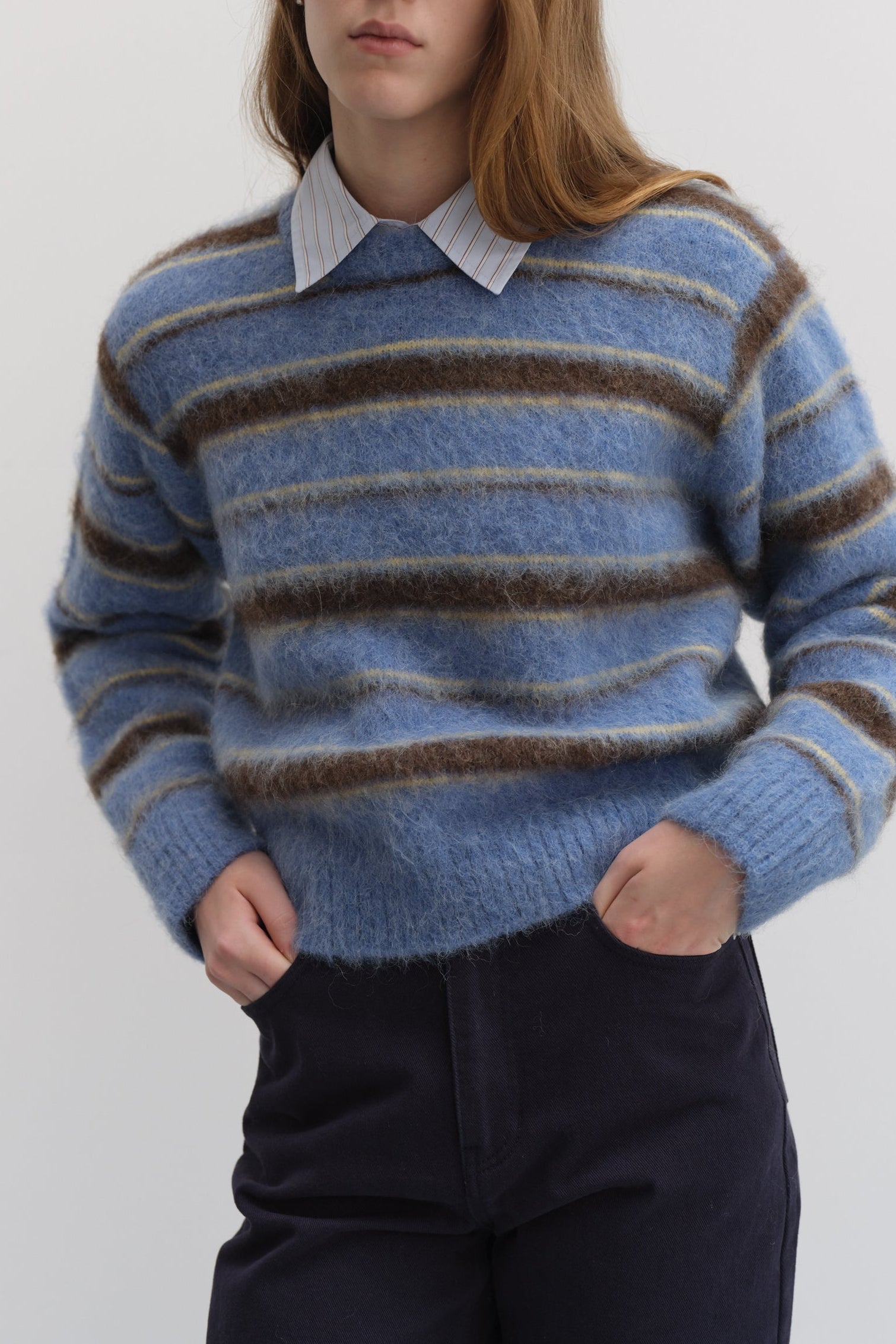 Dunst striped textured hairy crewneck sweater soft blue dark brown | Pipe and Row Seattle