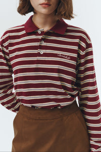 Dunst textured unisex collared long sleeve polo t-shirt red burgundy stripe PIPE AND ROW