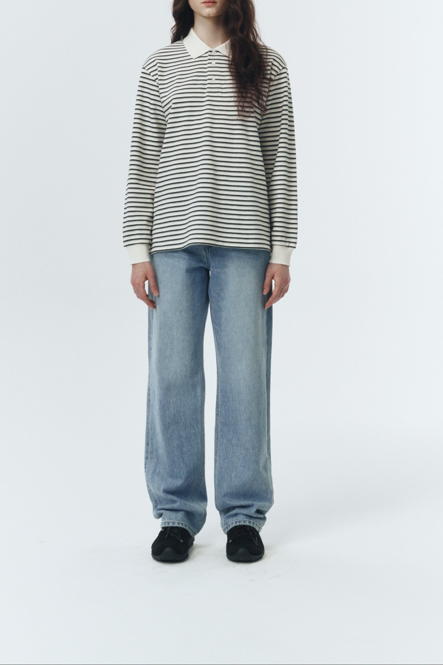 Dunst textured unisex collared long sleeve polo t-shirt black white multi stripe PIPE AND ROW