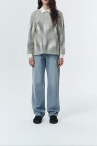 Dunst textured unisex collared long sleeve polo t-shirt black white multi stripe PIPE AND ROW