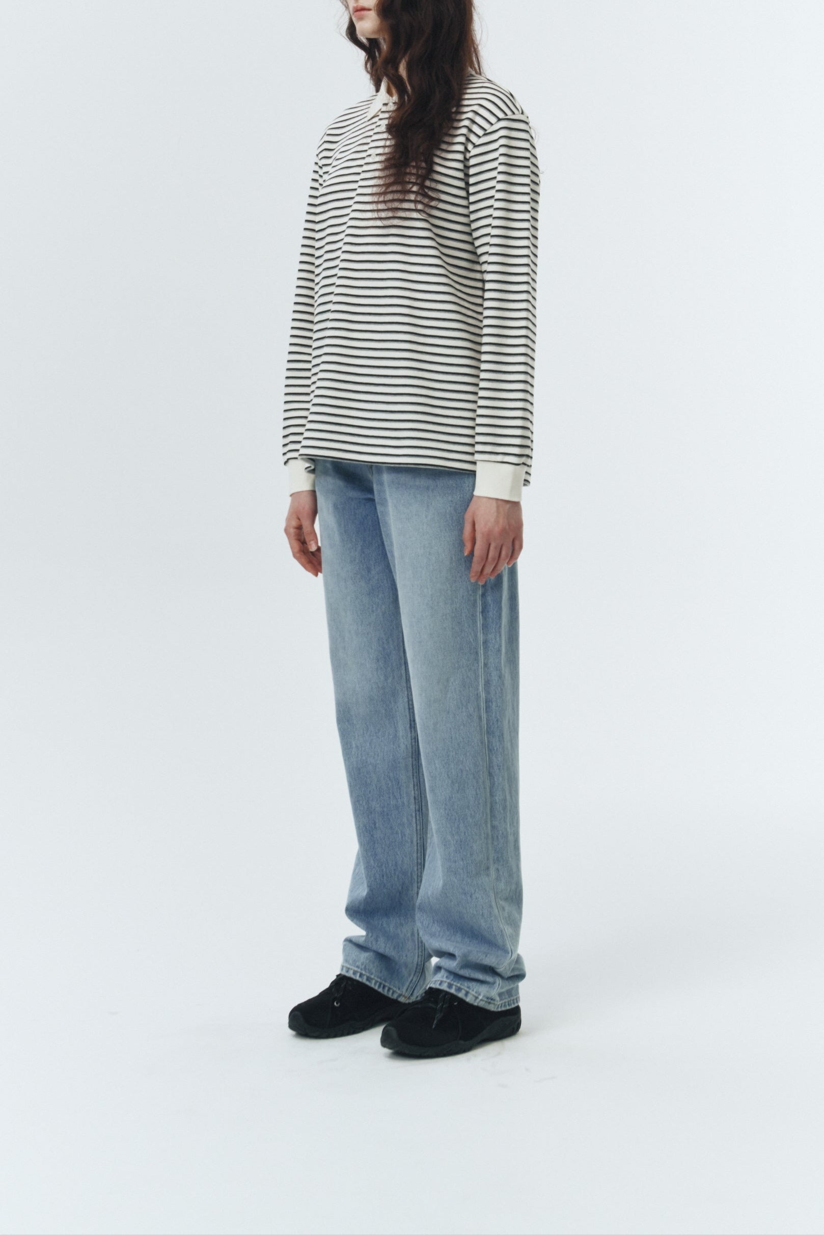 Dunst textured unisex collared long sleeve polo t-shirt black white multi stripe PIPE AND ROW