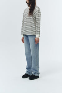 Dunst textured unisex collared long sleeve polo t-shirt black white multi stripe PIPE AND ROW