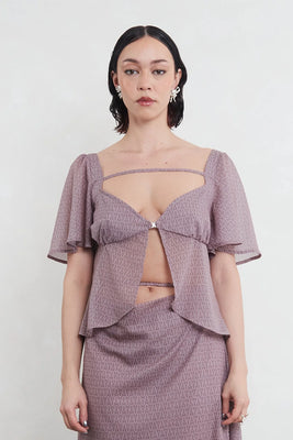Una Hayde printed mauve Ness top front-clasp tie back | Pipe and Row