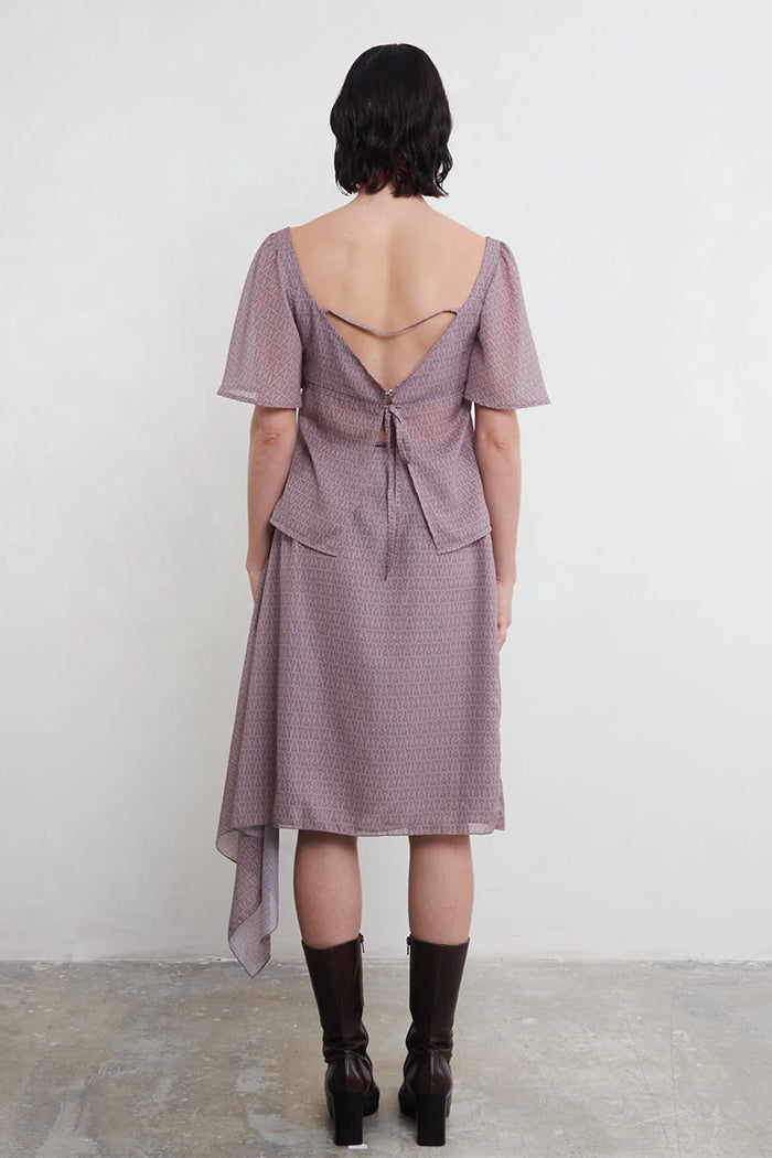 Una Hayde printed mauve Ness top front-clasp tie back | Pipe and Row